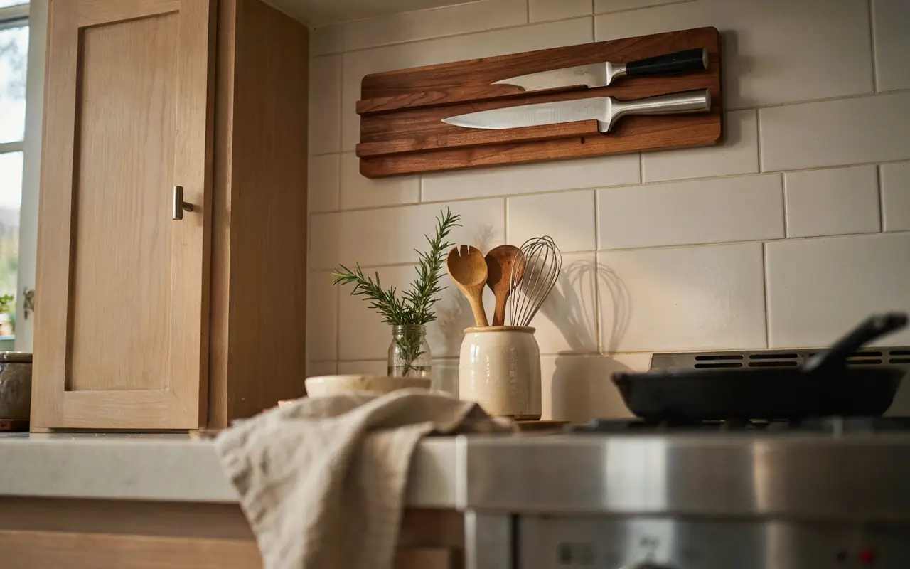 Wood-backed magnetic knife strip mounted beside the stove on a warm rustic kitchen backsplash.