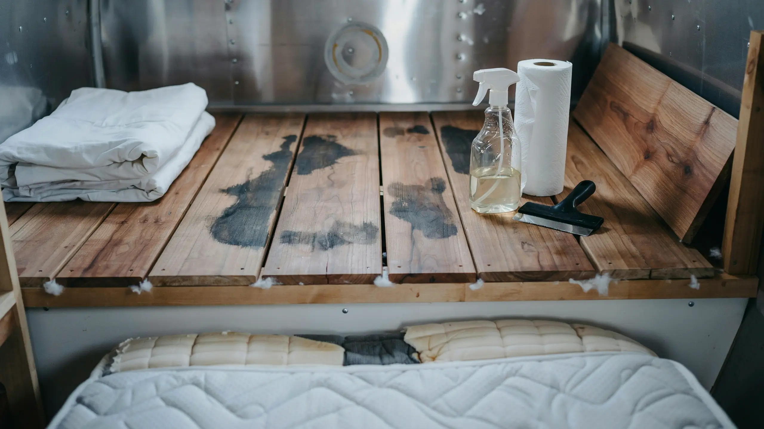 Cleaning dark moisture and mold stains on wooden bed slats using a spray bottle and scraper, with a damaged mattress and white bedding in a camper or RV setup. 