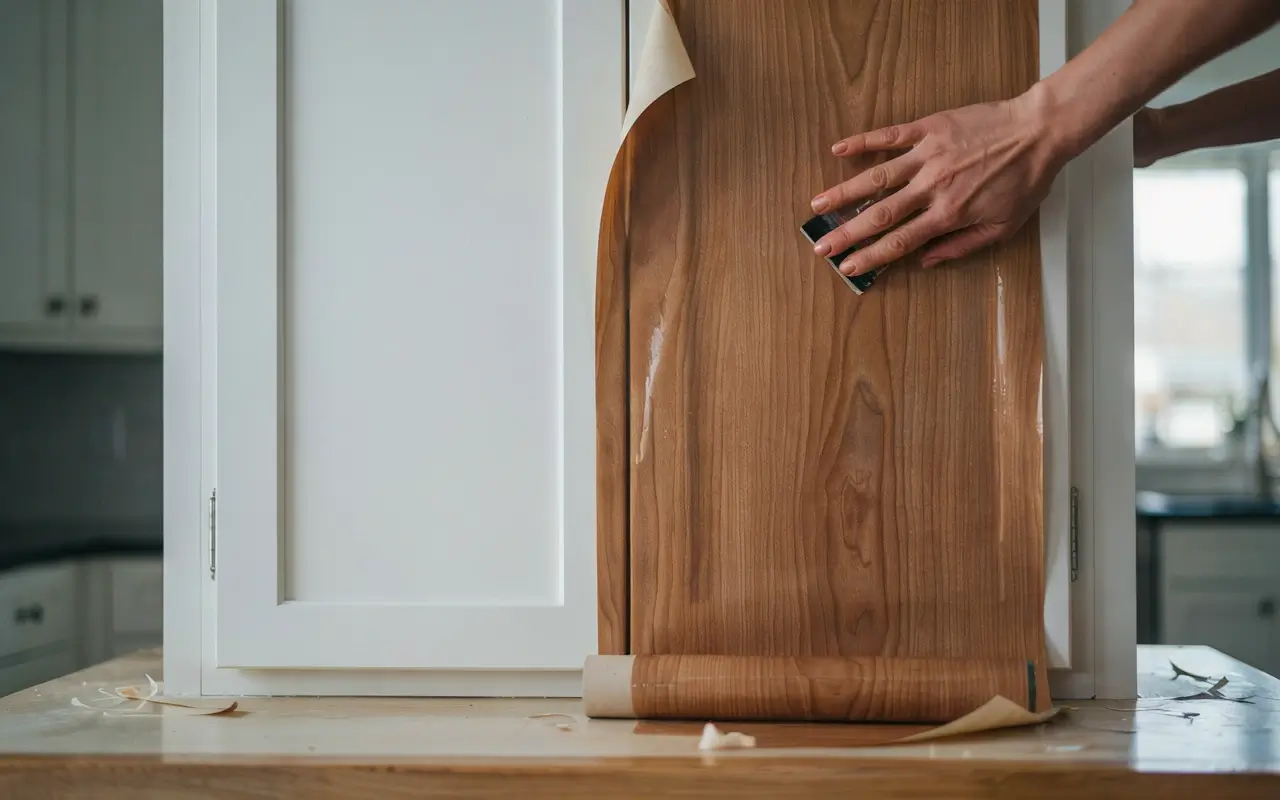 Hand smoothing wood-grain vinyl wrap onto a flat white kitchen cabinet front.