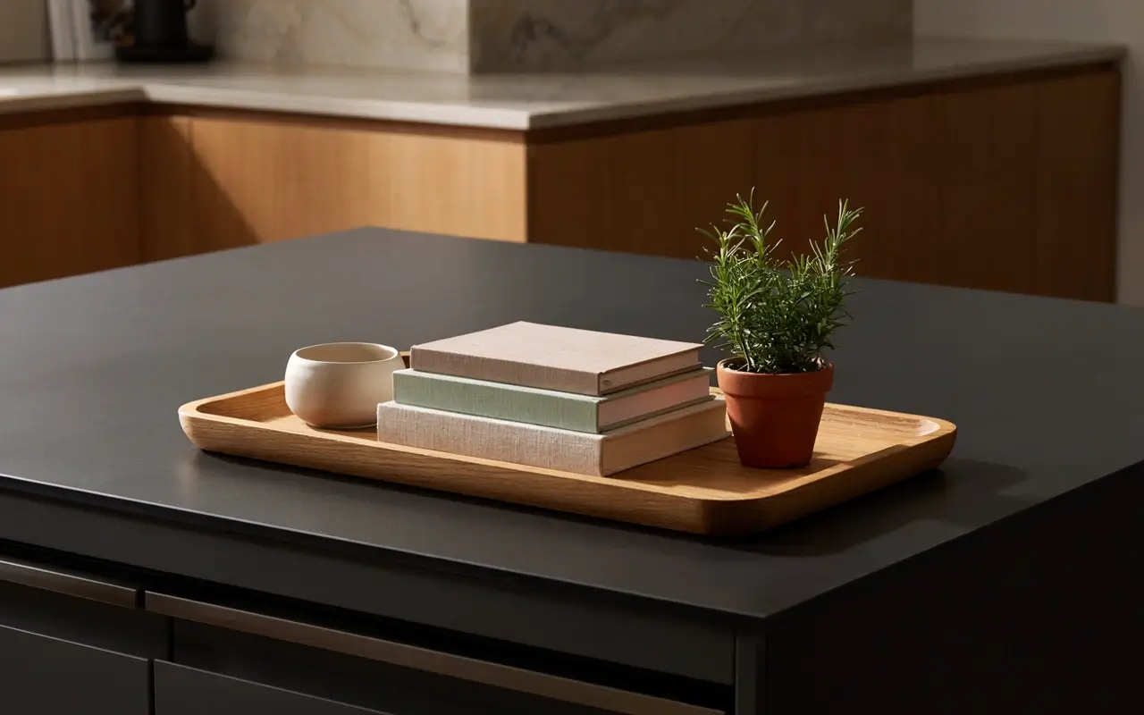 Wood tray with stacked cookbooks and a small potted herb on a black kitchen island.