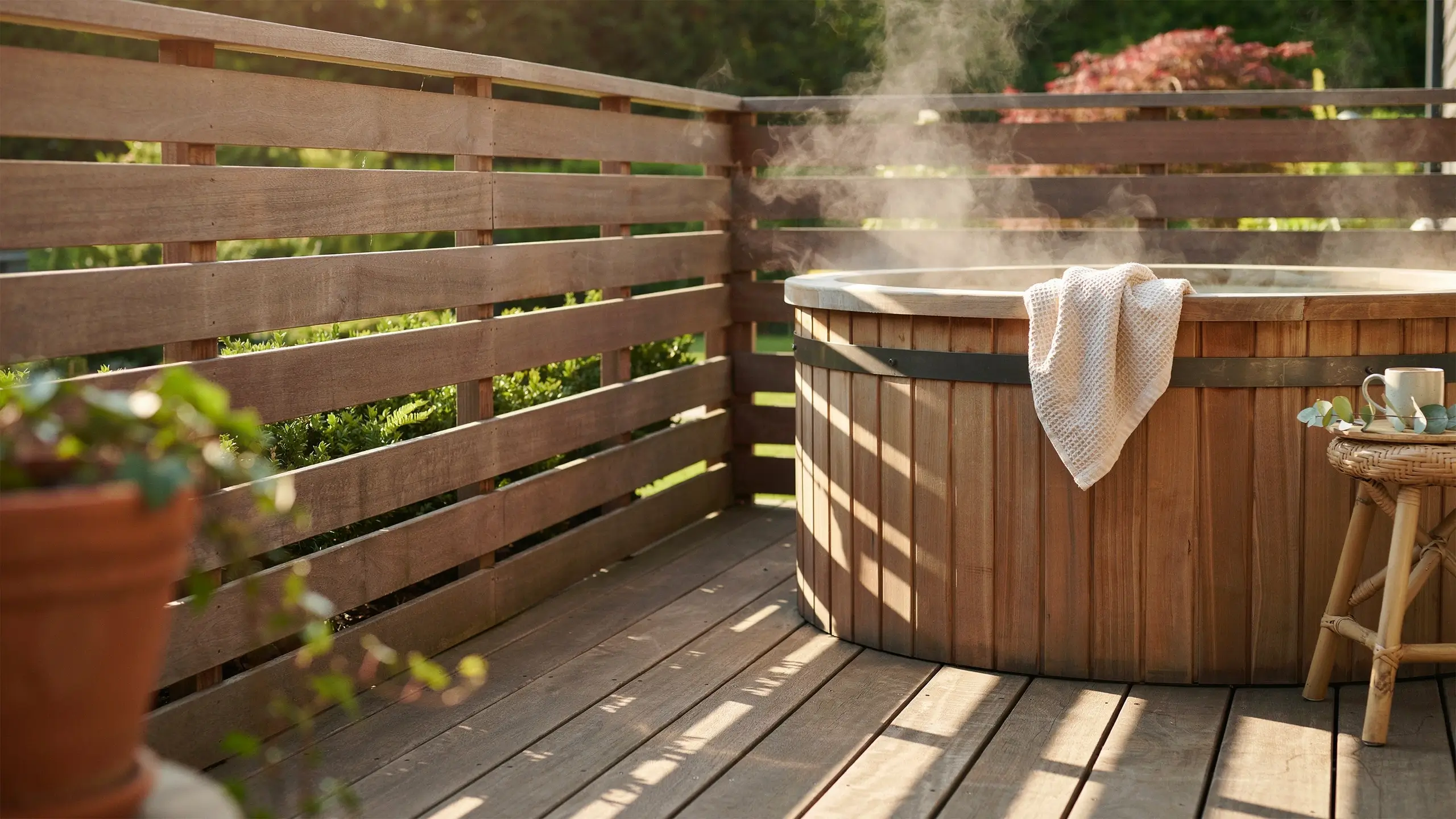 A steaming wooden barrel hot tub draped with a white waffle towel, surrounded by a horizontal slatted privacy fence and set on a sunlit outdoor wooden deck with a potted plant.