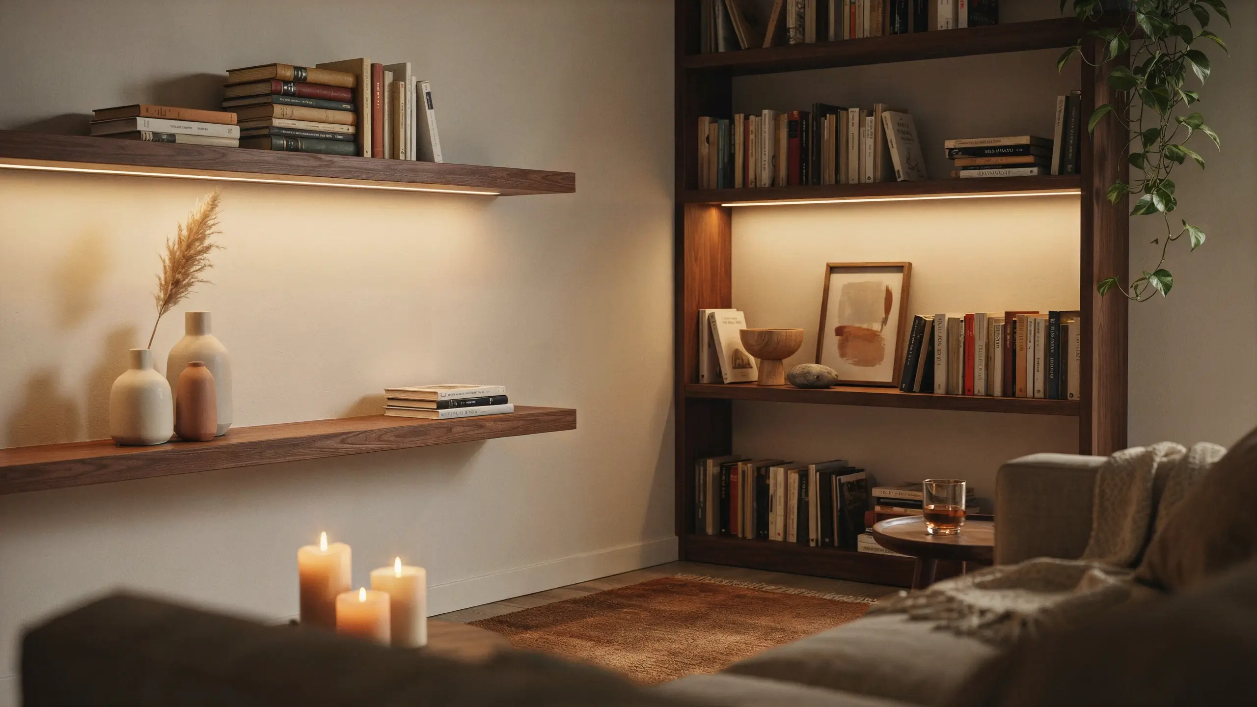 Cozy living room featuring a floating wood shelf and tall bookcase with warm LED strip lighting, decorated with books, ceramic vases, candles, and a trailing plant.