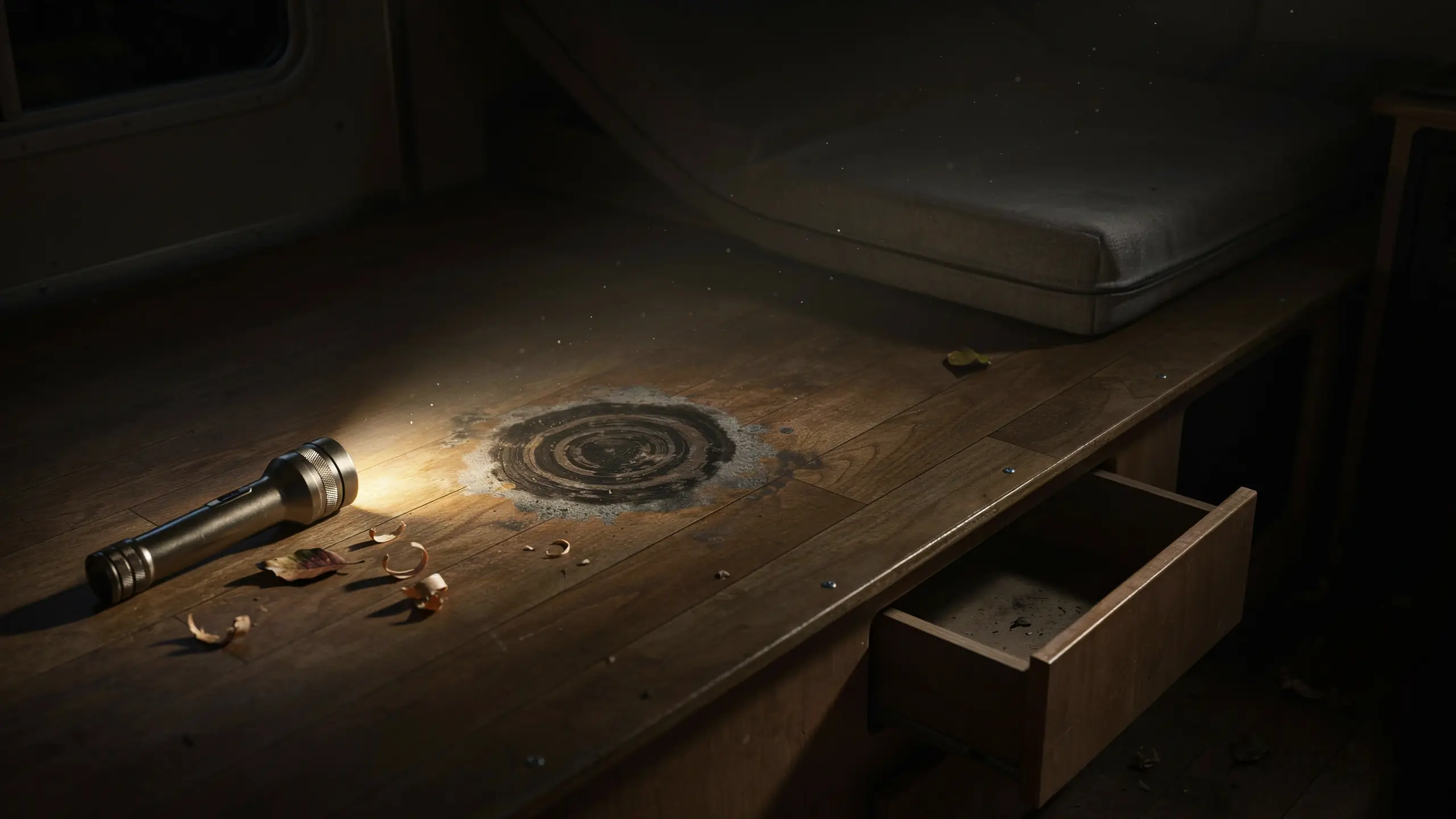 Close-up of a circular dark scorch or water ring on a wooden surface illuminated by a flashlight beam, with an open drawer and scattered dried debris indicating a thorough pre-cleaning damage assessment.