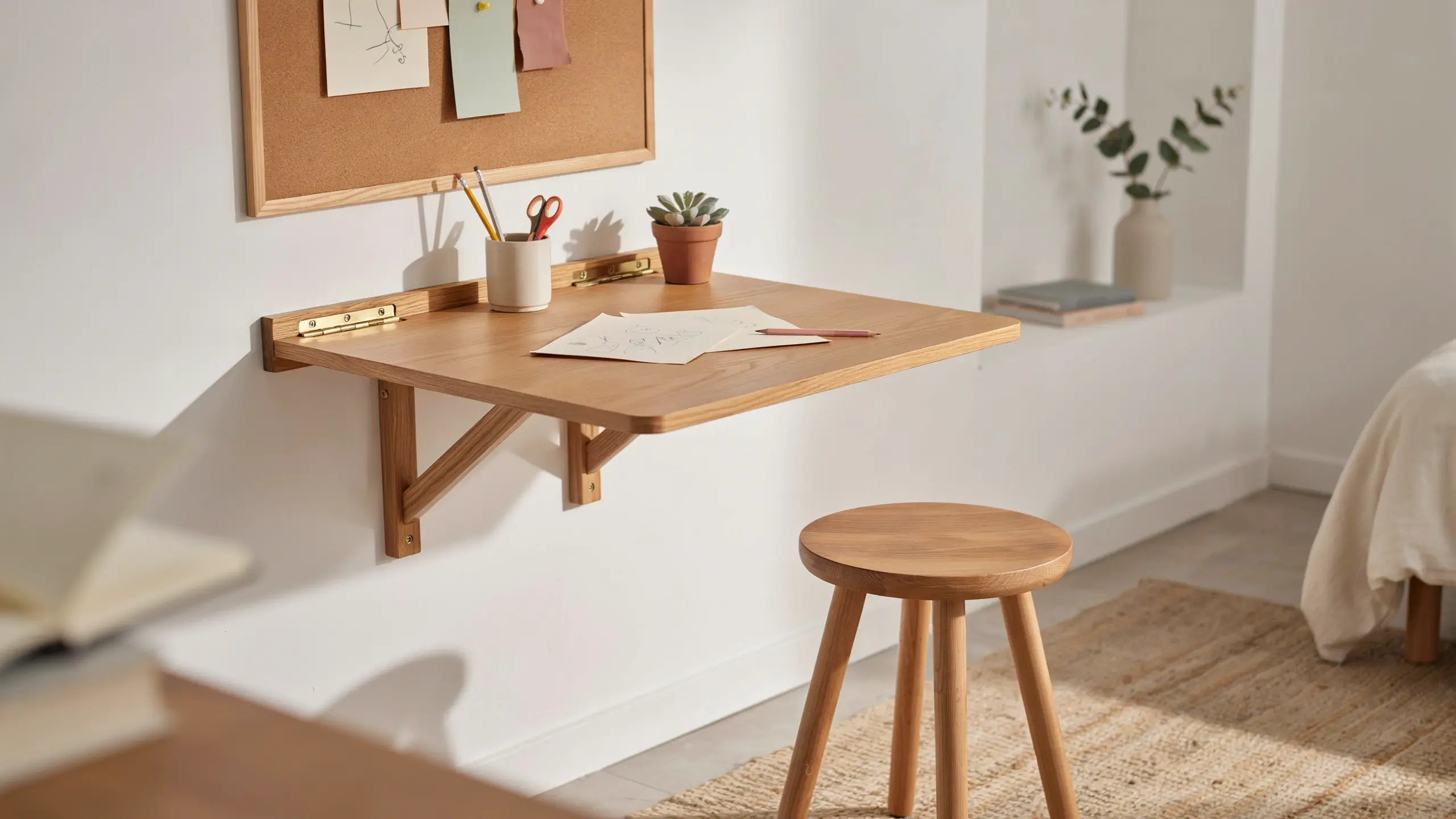 A space-saving light oak fold-down wall desk mounted on a clean white wall, paired with a compact round wooden stool. The setup features a corkboard, a small potted succulent, and a pencil cup, showcasing a practical renter-friendly home office solution designed for small apartments. 