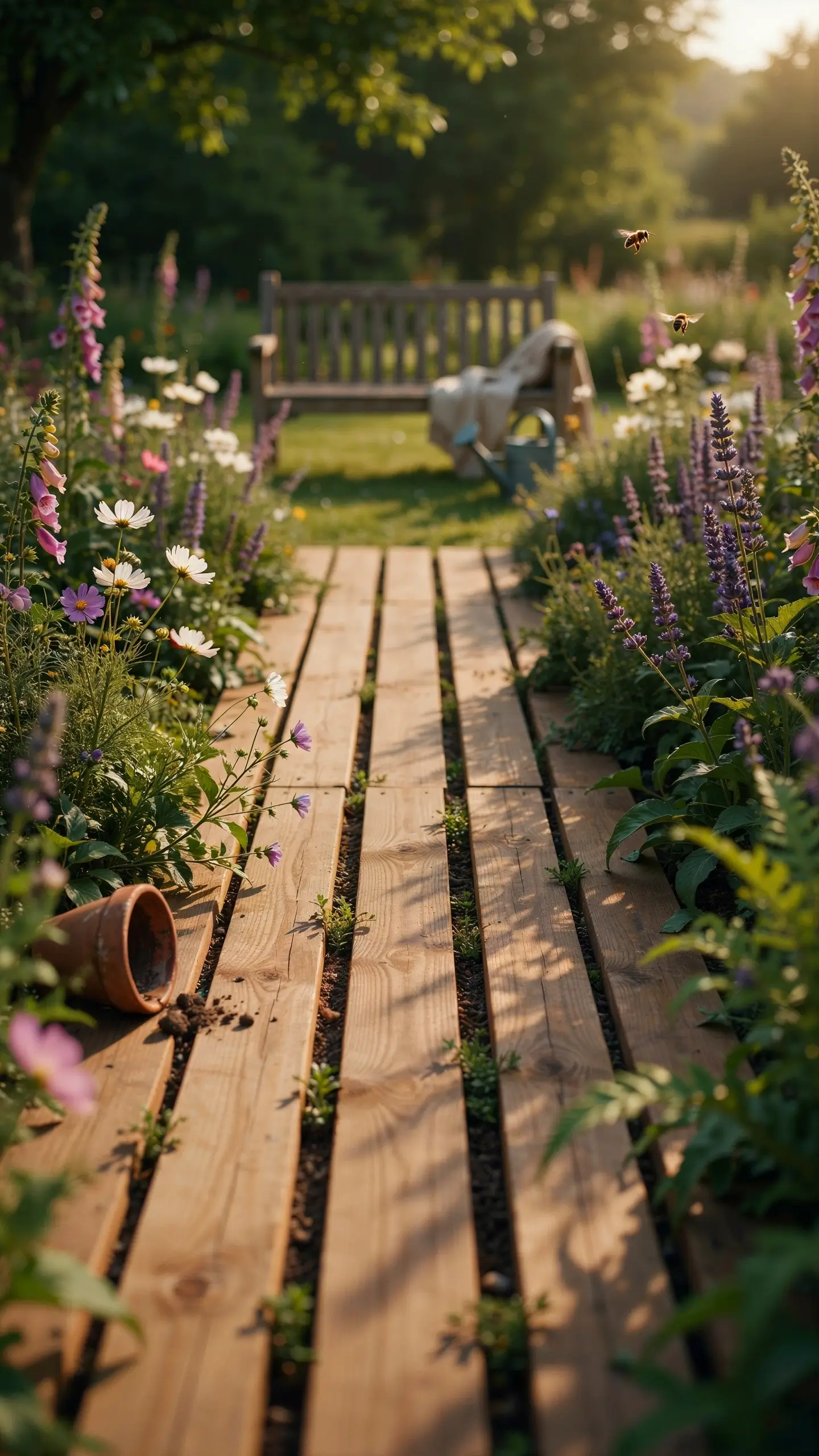 Rustic wooden garden path bordered by purple salvia and white daisies, leading to a wooden bench bathed in golden hour sunlight.