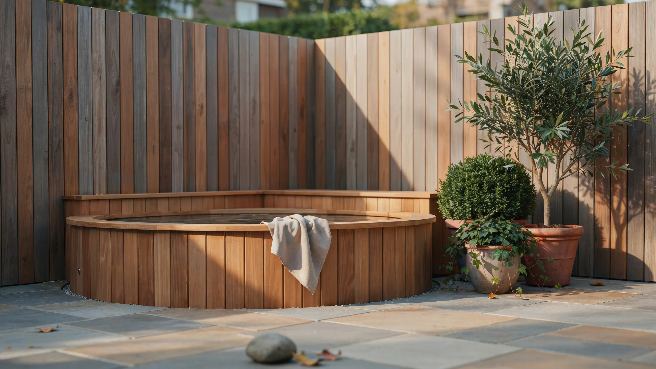 Round cedar hot tub nestled in a wooden corner fence nook with terracotta potted plants 