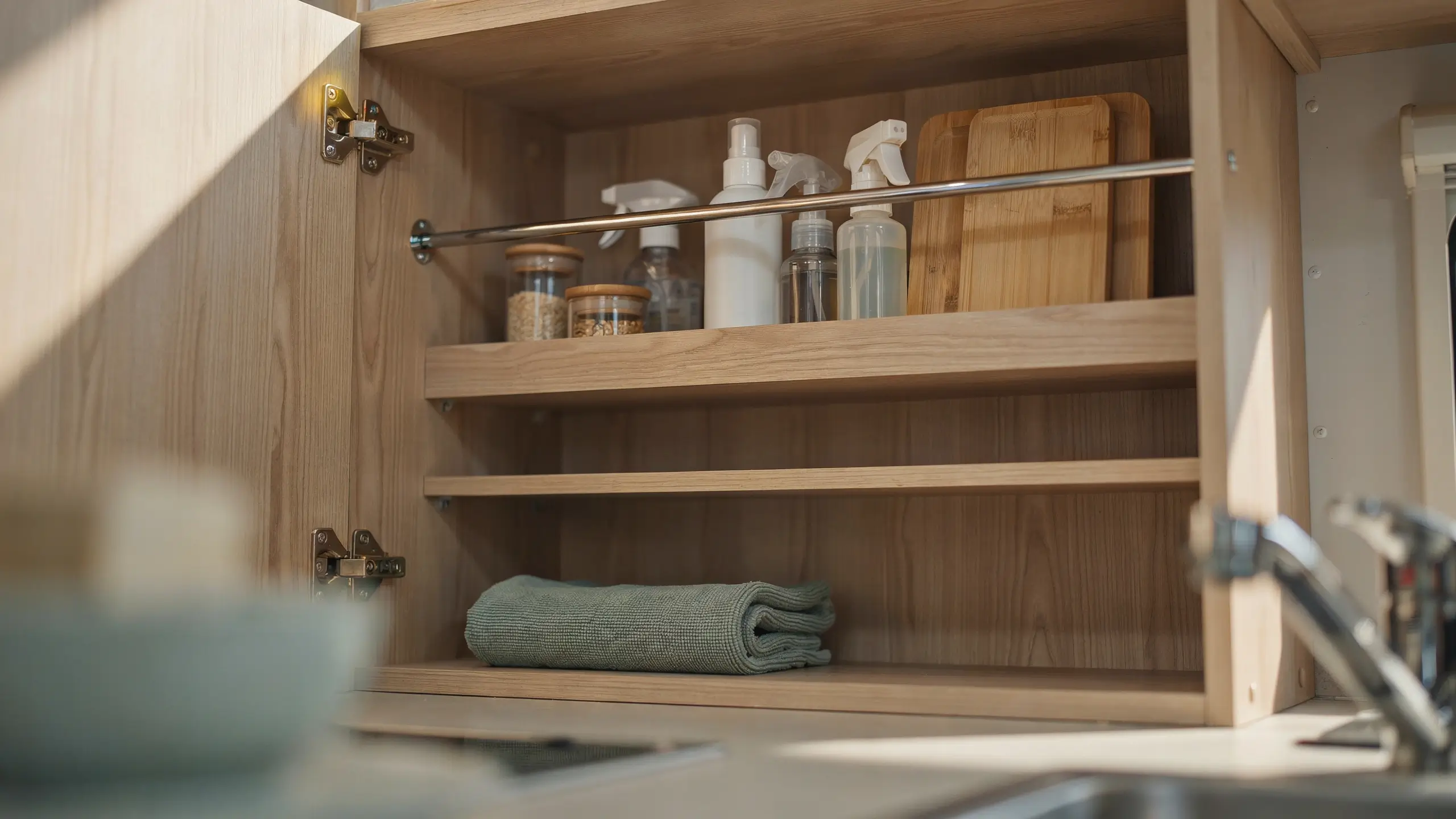Open wooden kitchen cabinet revealing organized cleaning spray bottles, glass spice jars, and a bamboo cutting board secured by a metal rail. 