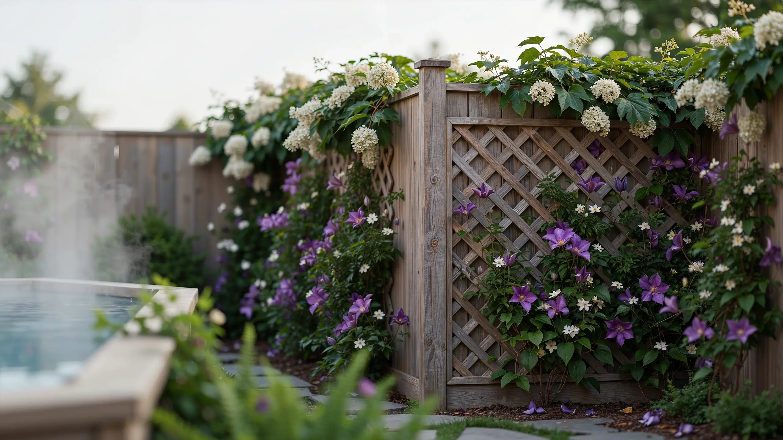 Wooden lattice fence covered with climbing purple clematis and white hydrangea vines in a serene backyard garden