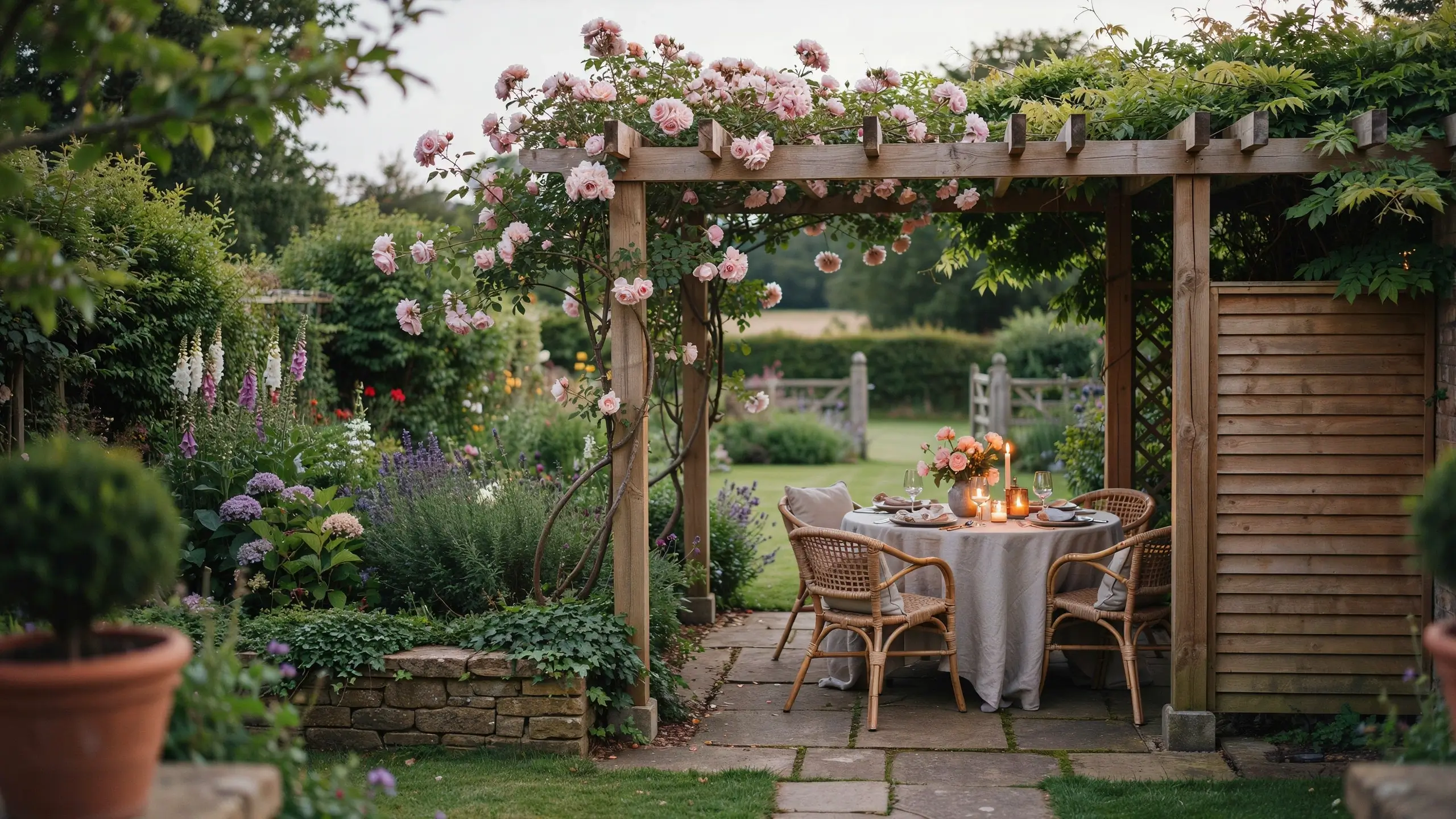 A romantic wooden pergola as an outdoor dining room, draped with pink climbing roses, featuring a round table, wicker chairs, and warm candlelight. 