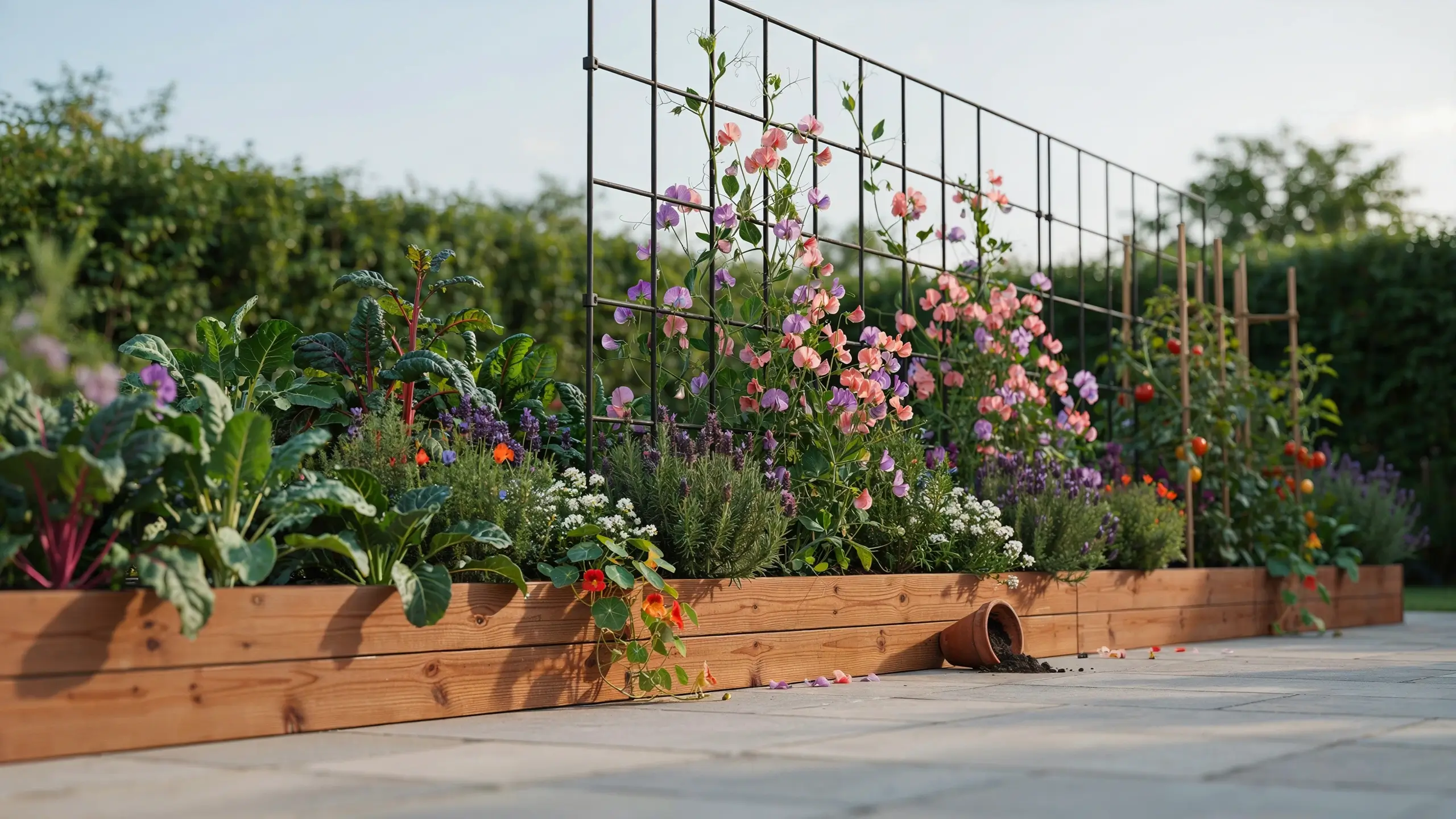 Wooden raised planter beds with black metal integrated trellis, filled with climbing sweet peas, leafy greens, and culinary herbs in a sunny outdoor patio garden. 