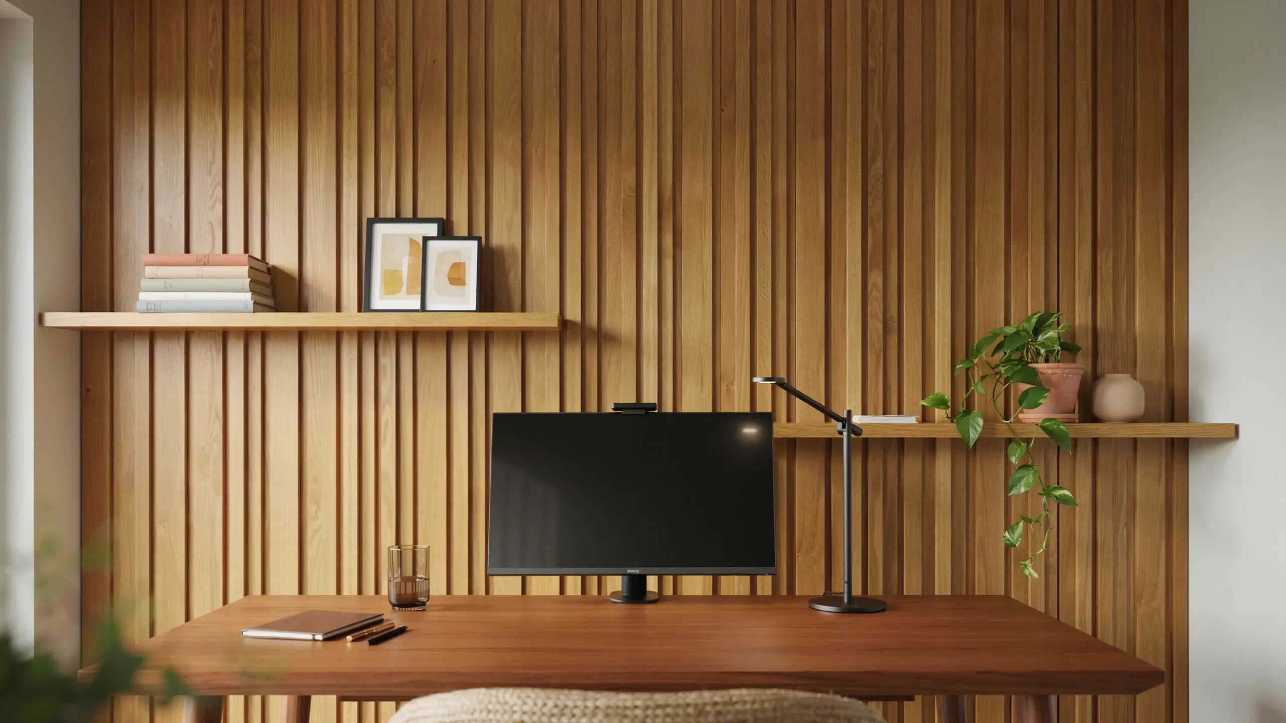 Warm wooden vertical slat wall behind a minimalist home office desk setup with a black monitor, modern desk lamp, floating shelves, a stack of books, and a trailing pothos plant. 