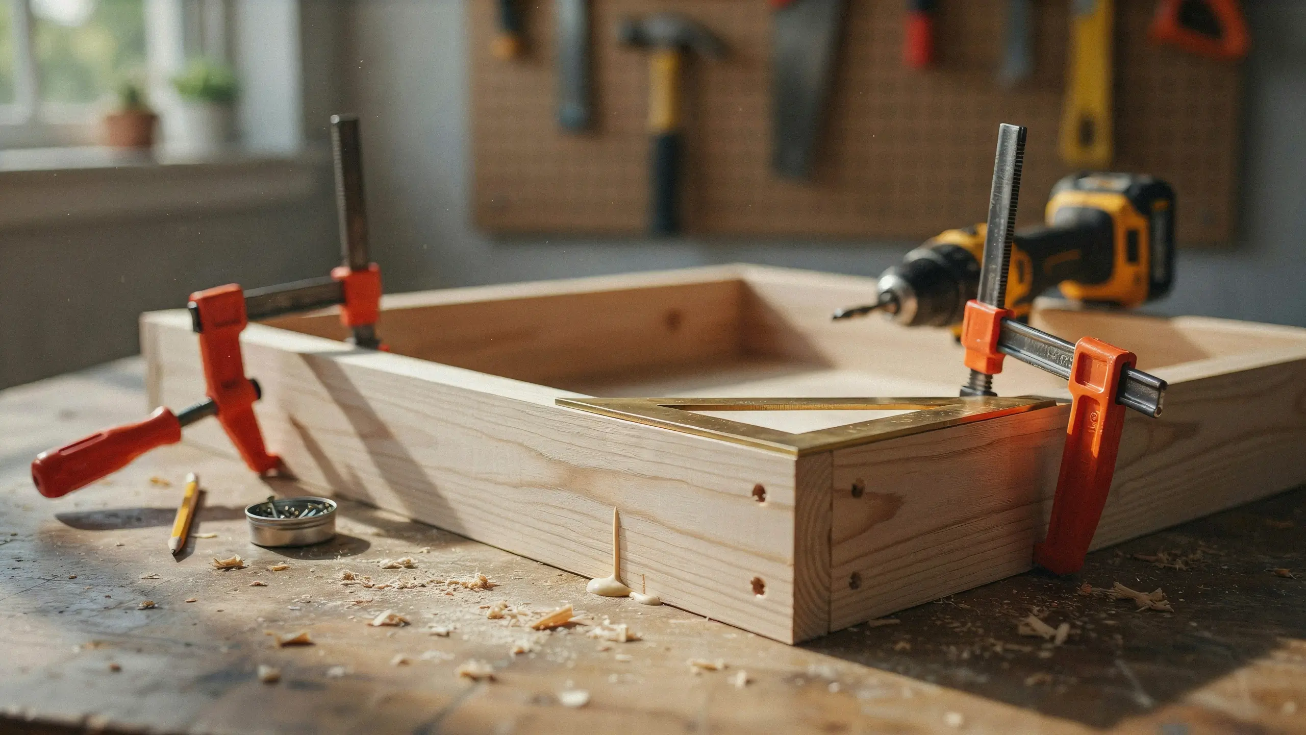 Red F-clamps and speed square securing a wooden frame corner during woodworking assembly.