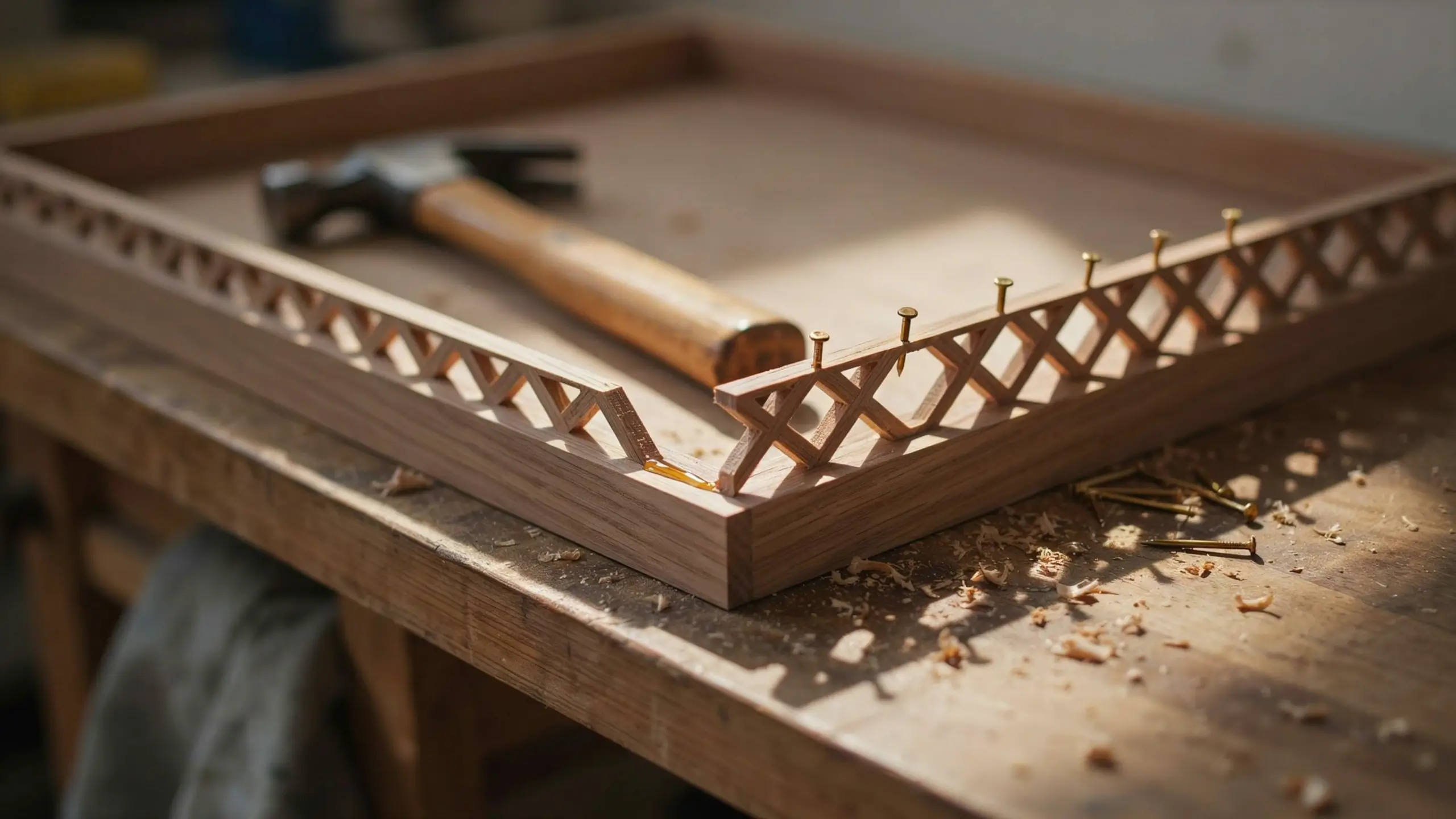 Woodworking frame assembly with decorative lattice trim cap secured by brass nails, set on a sunlit workbench with a hammer.