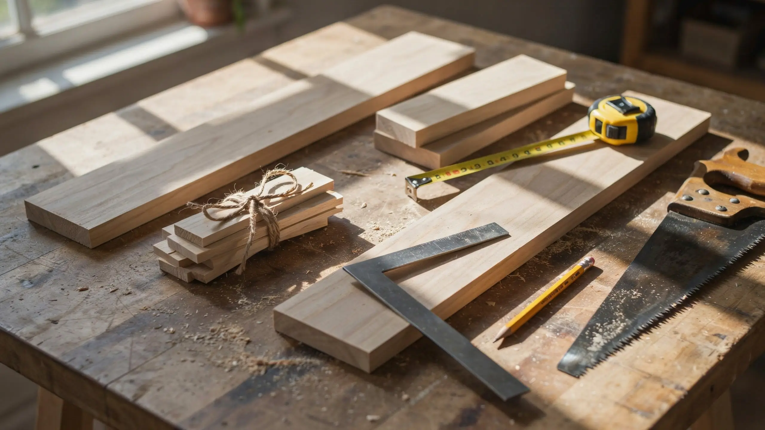 Alt Text: Woodworking project featuring a hand saw, tape measure, and framing square resting on a sunlit wooden workbench with scattered sawdust.