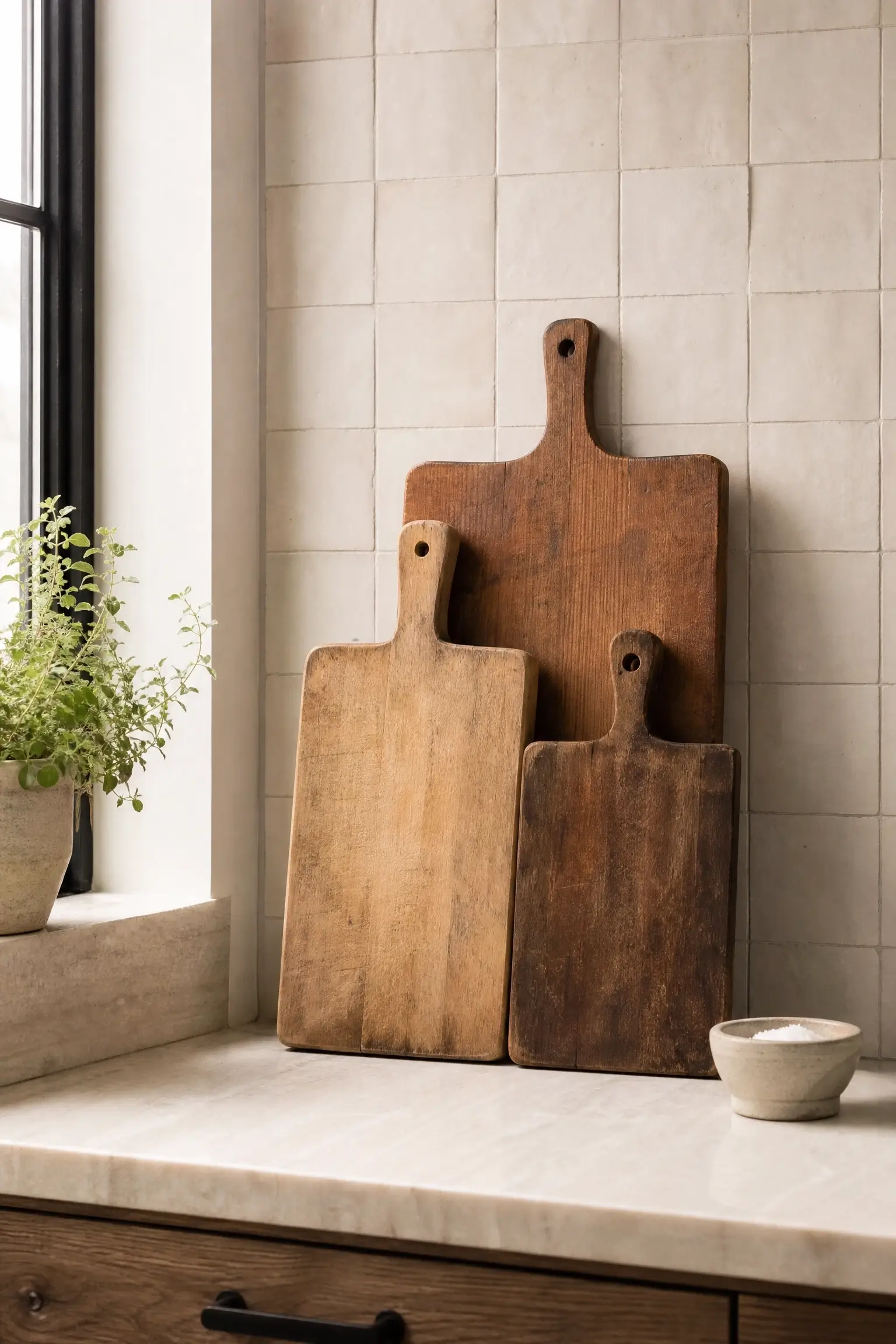 Three rustic, vintage worn wooden cutting boards leaning against a white square tile kitchen backsplash on a marble countertop, styled with a potted green herb and salt bowl in natural sunlight. 