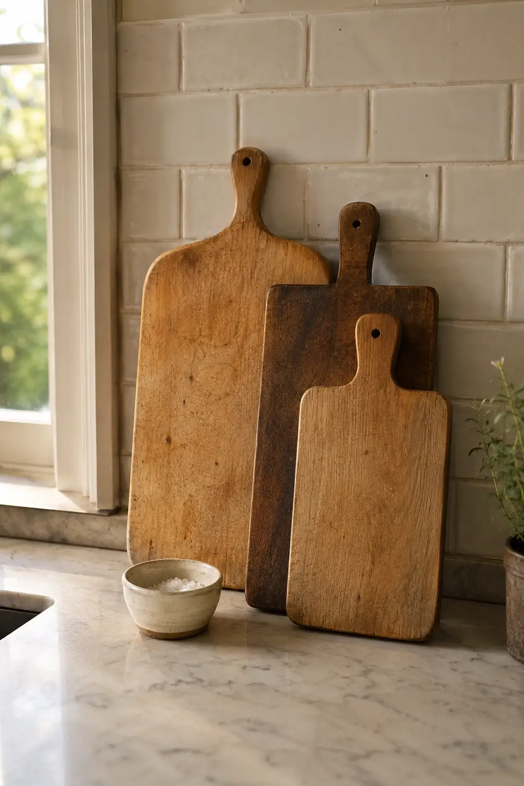 Worn wooden cutting boards leaned against a cream tile kitchen backsplash with a ceramic salt cellar.