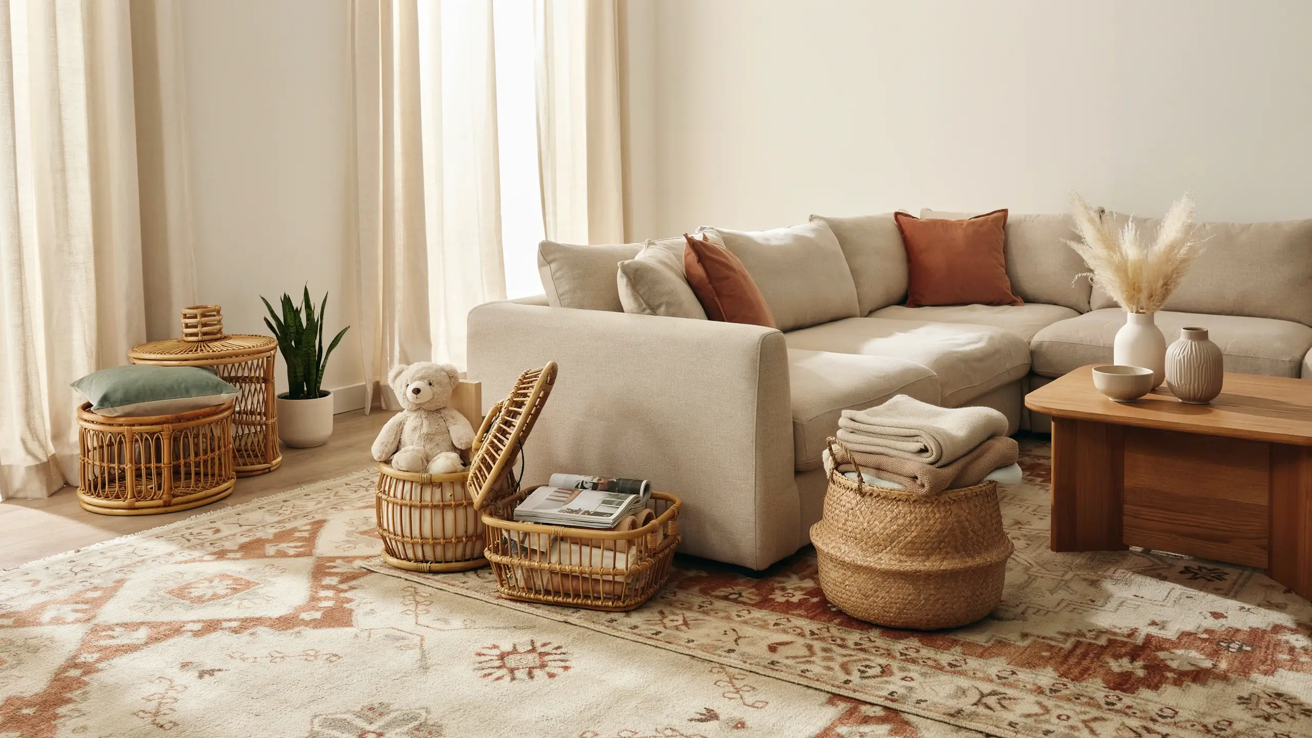 Woven baskets providing decorative storage beside a beige sofa in a warm, sunlit boho living room.
