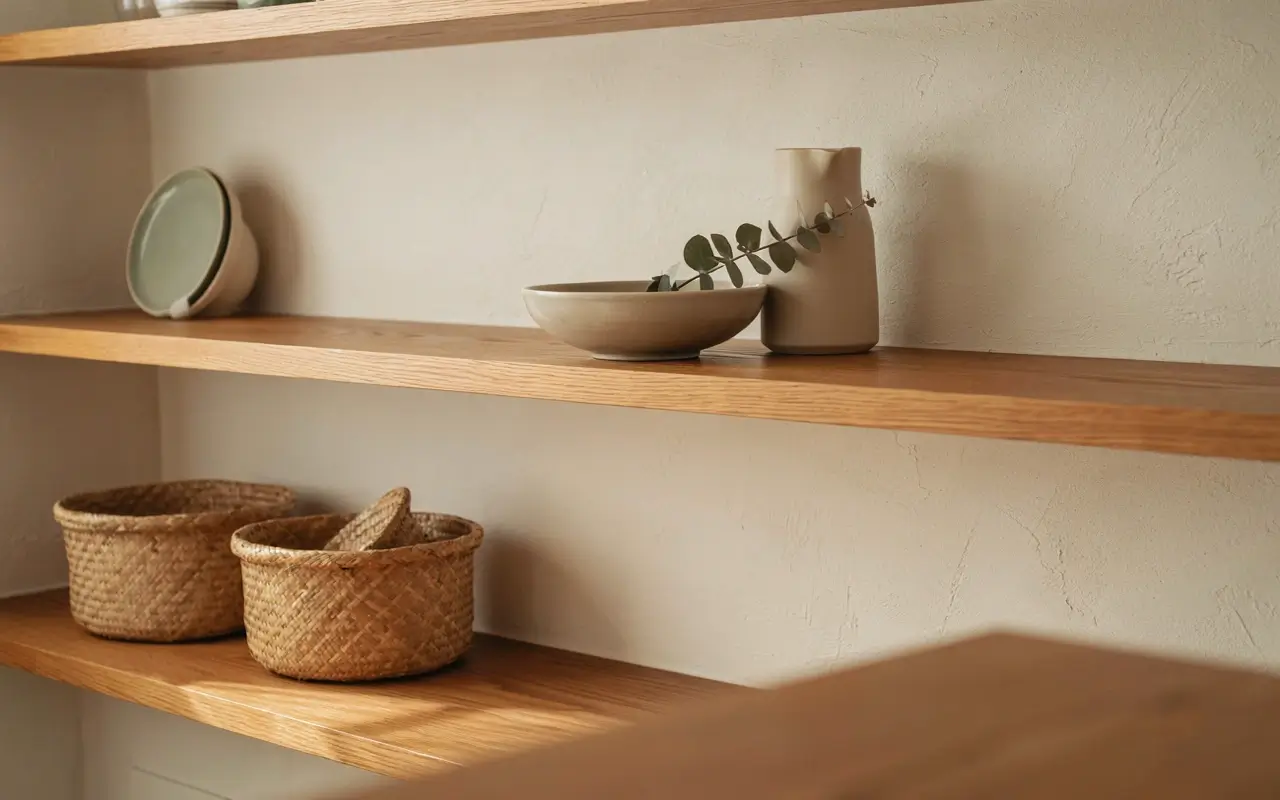 Woven bins on open wood kitchen shelves with neutral ceramic bowls and hidden texture storage.