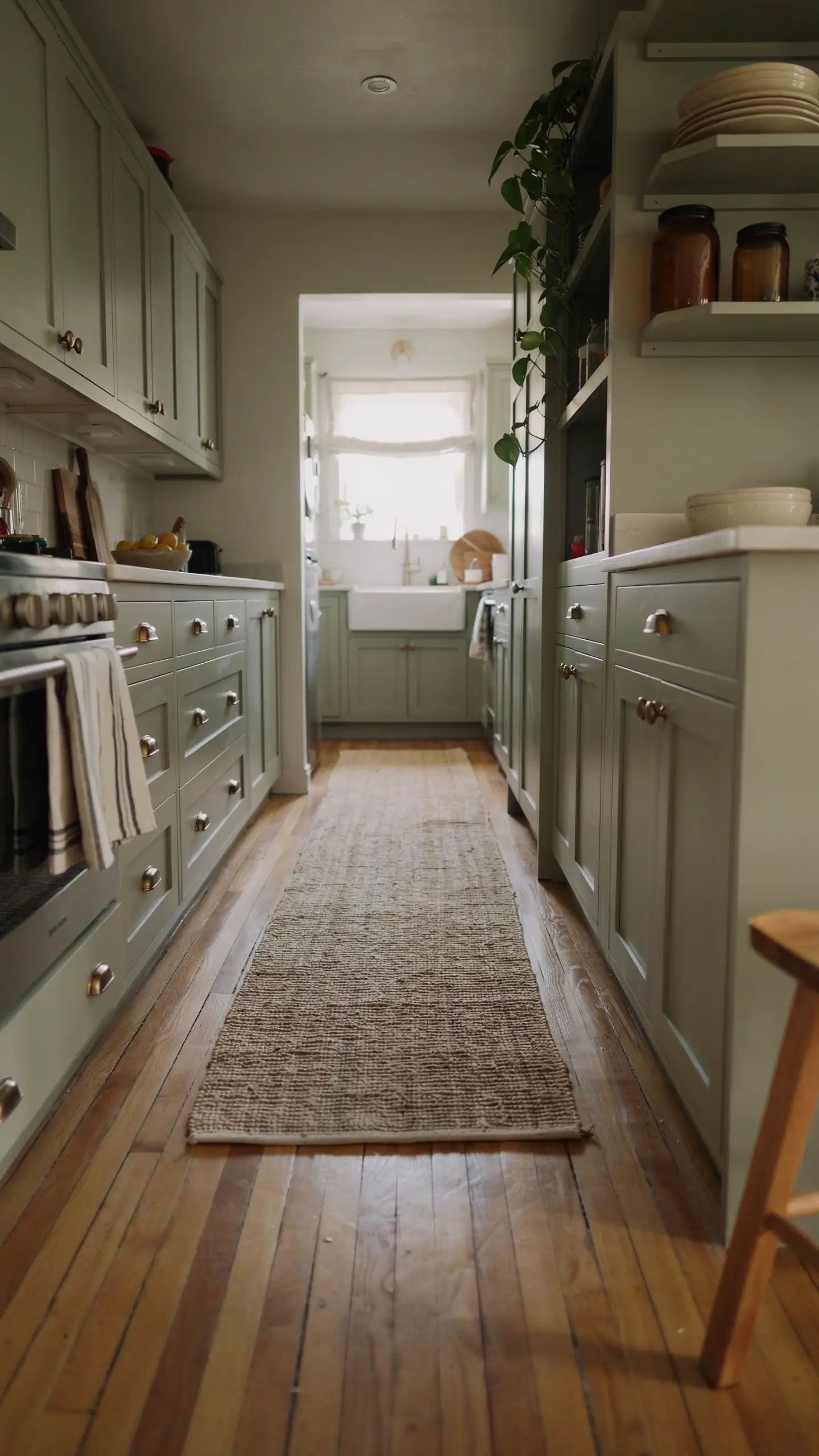 Woven jute runner down a narrow galley kitchen aisle with sage green cabinets and warm wood floors.