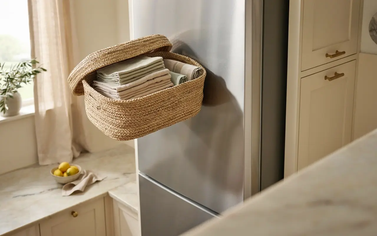 Woven lidded storage bin holding neatly folded linens beside a kitchen refrigerator.