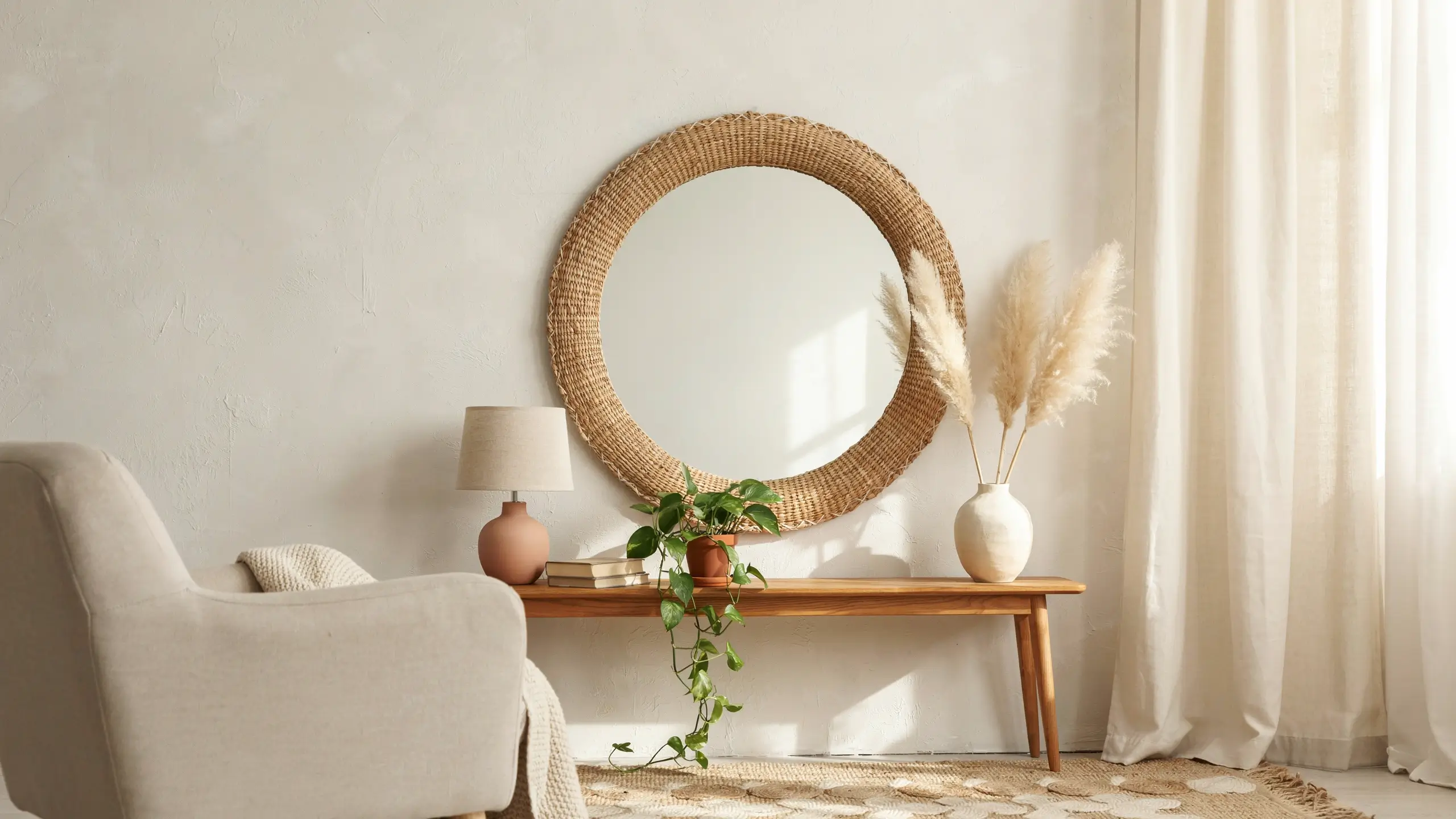 Round woven mirror above a wooden console styled with pampas grass, a trailing plant, and a neutral armchair.