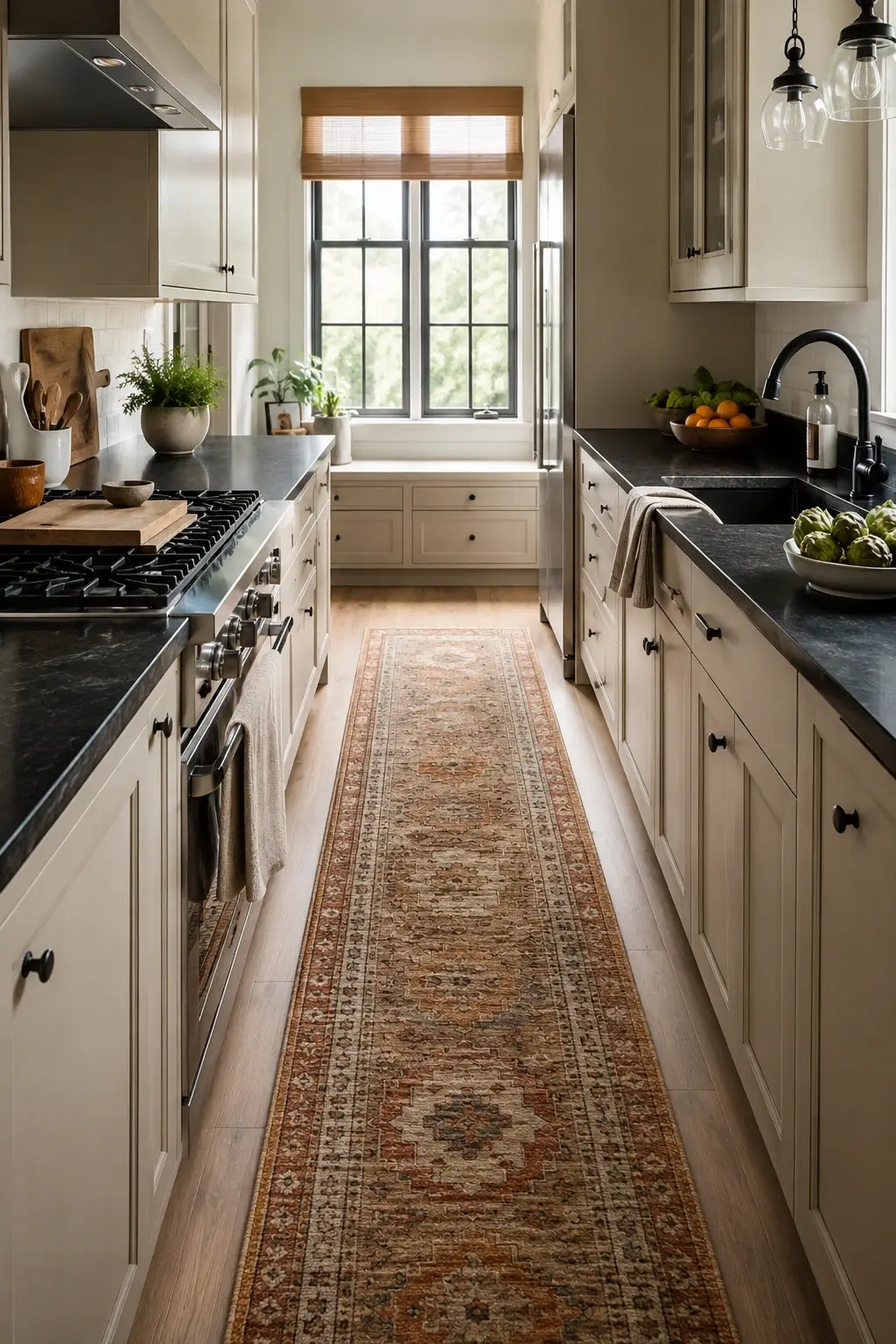 Woven runner layered down a galley kitchen aisle with cream cabinets and black countertops.
