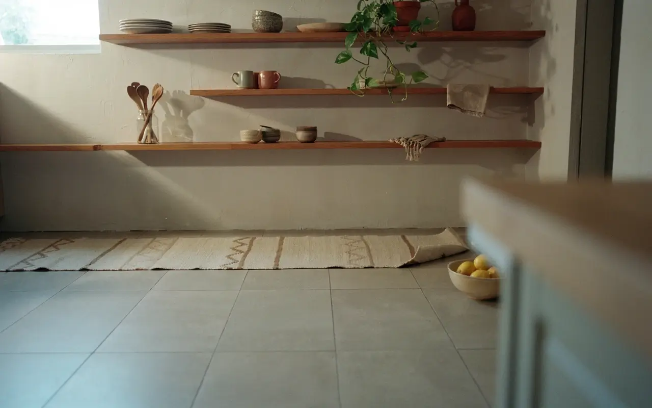 Woven runner below floating wooden kitchen shelves styled with mugs, bowls, plates, and trailing plants.
