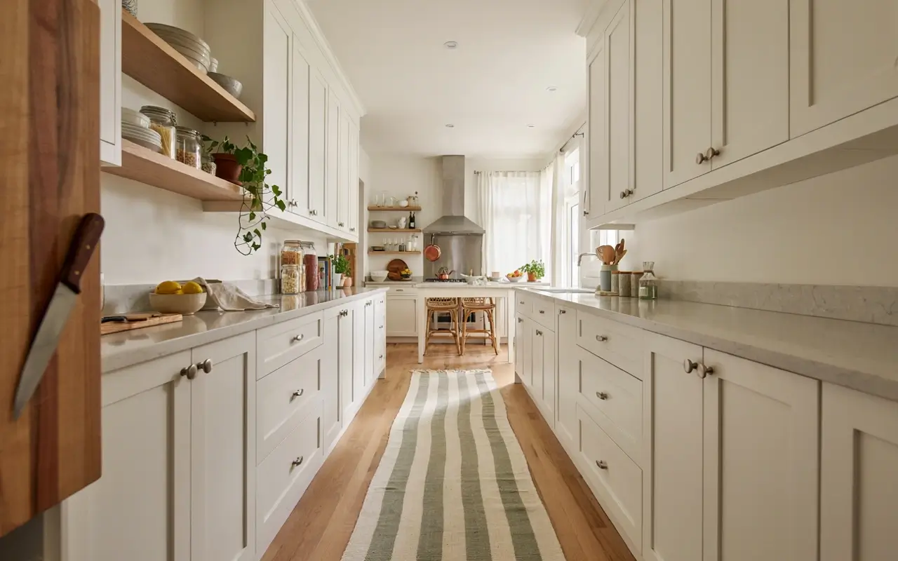 White U-shaped kitchen with a striped woven runner leading down the aisle toward a bright peninsula.
