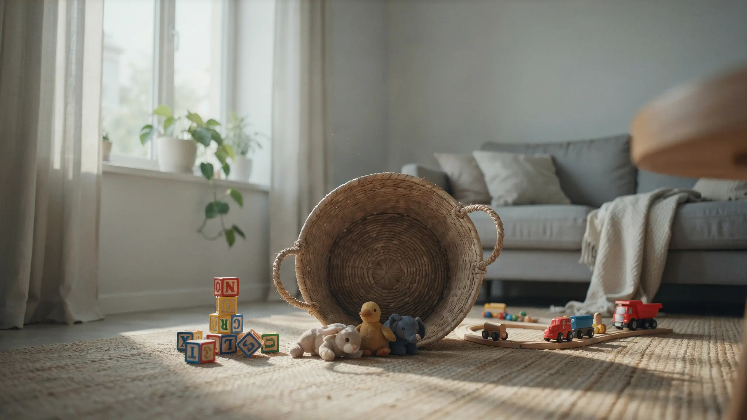 A large woven toy basket tipped over on a beige rug with wooden alphabet blocks, plush animals, and a toy train set, in a bright living room near a grey sofa