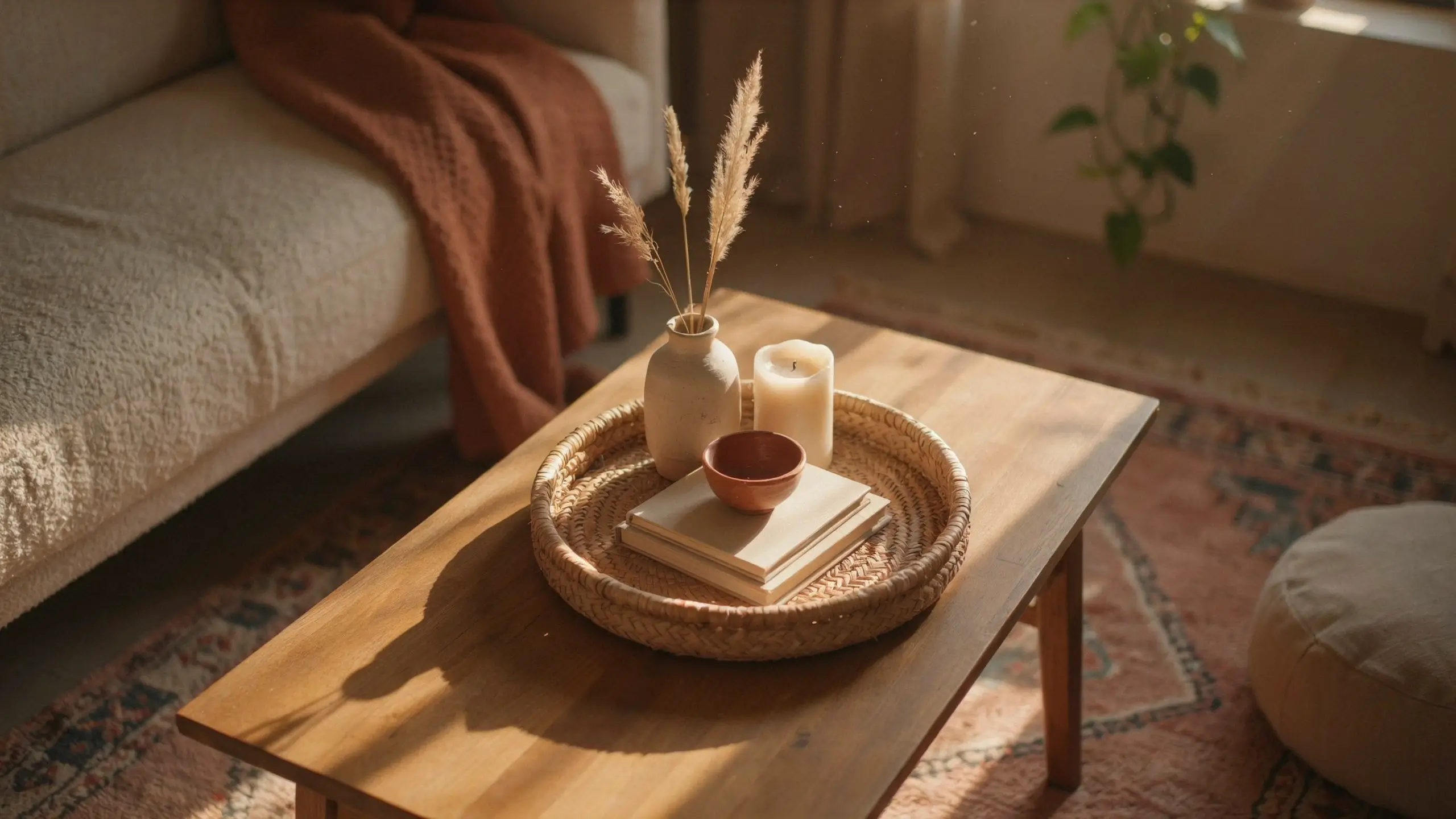 Woven tray styled on a wooden coffee table with books, a candle, ceramic vase, and pampas grass in a cozy boho living room.