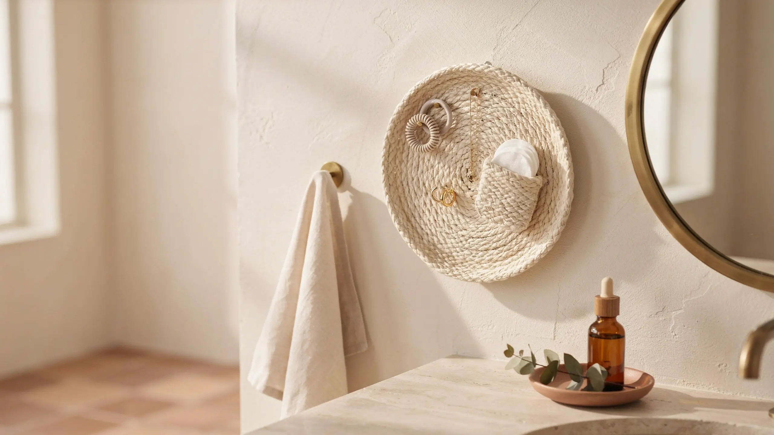 A round woven hanging wall basket for odds and ends, holding a hair coil, gold chain necklace, and cotton pads on a textured beige wall to organize a minimalist, sunlit bathroom.