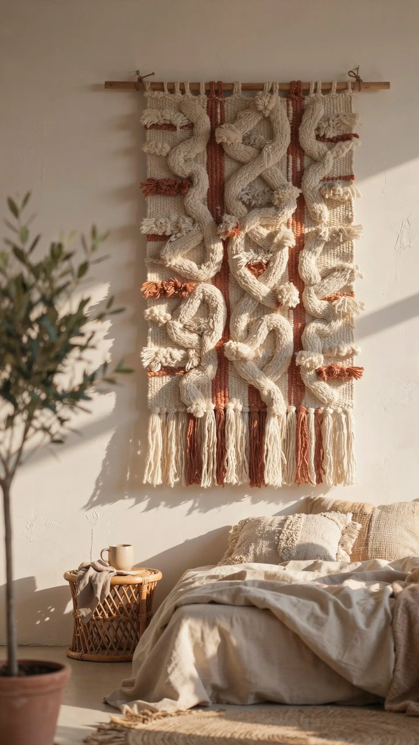 Chunky woven wall hanging in cream and terracotta with long fringes, mounted on a wooden dowel above a bed in a sunlit bohemian bedroom with a wicker side table and potted olive tree.