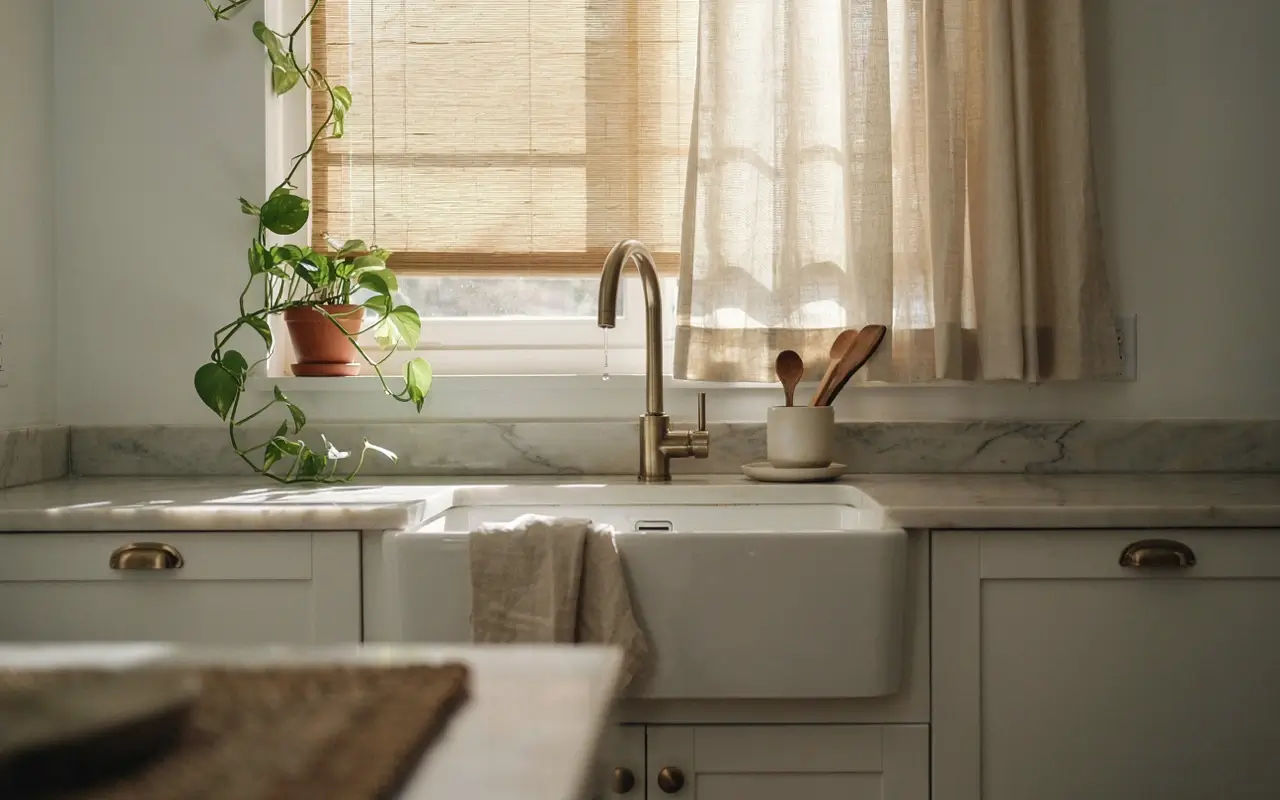 Kitchen sink window layered with woven wood shade and sheer café curtain for soft boho texture.