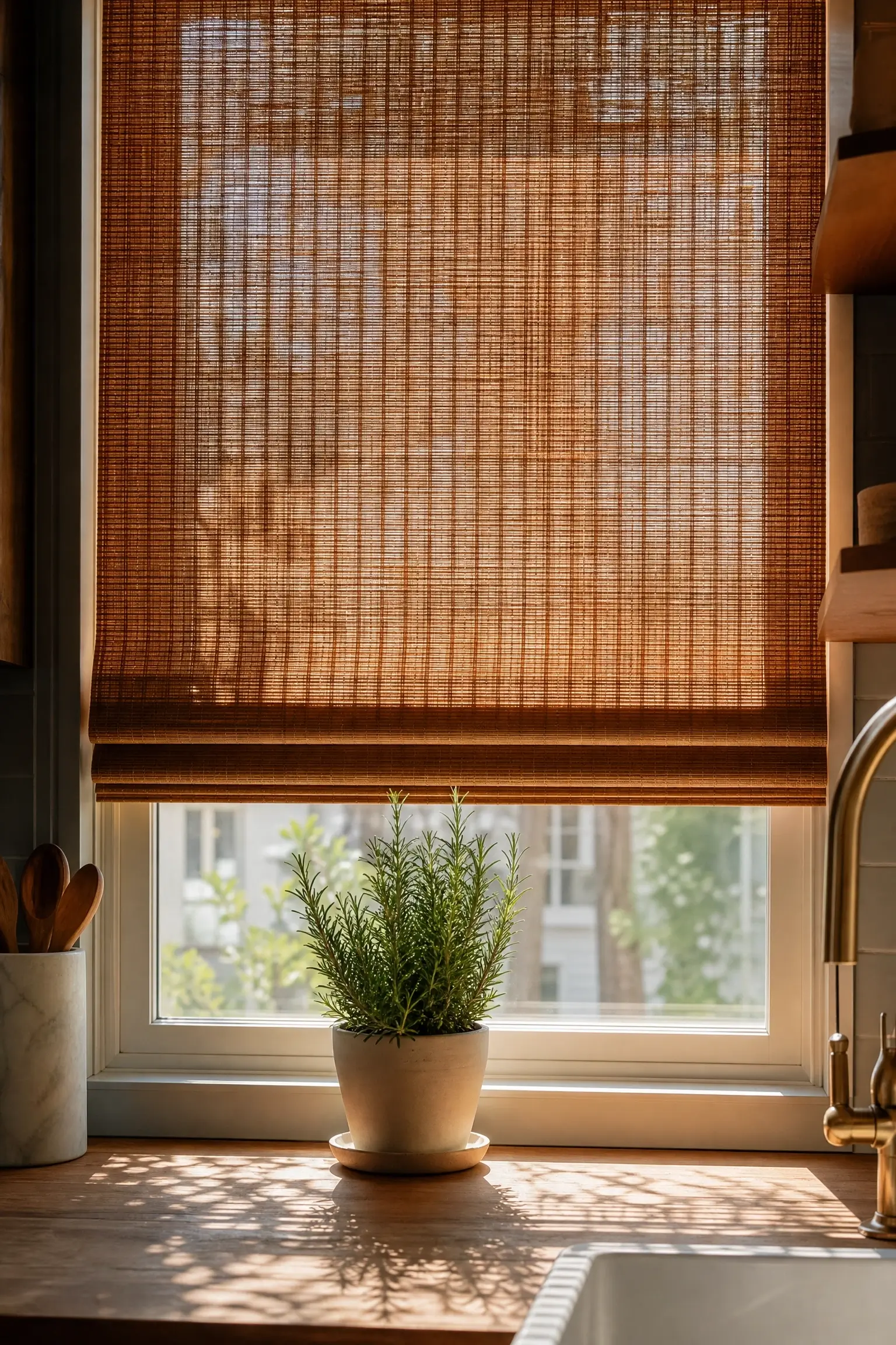 Kitchen window with woven wood shades filtering warm light over a rosemary plant on the sill.
