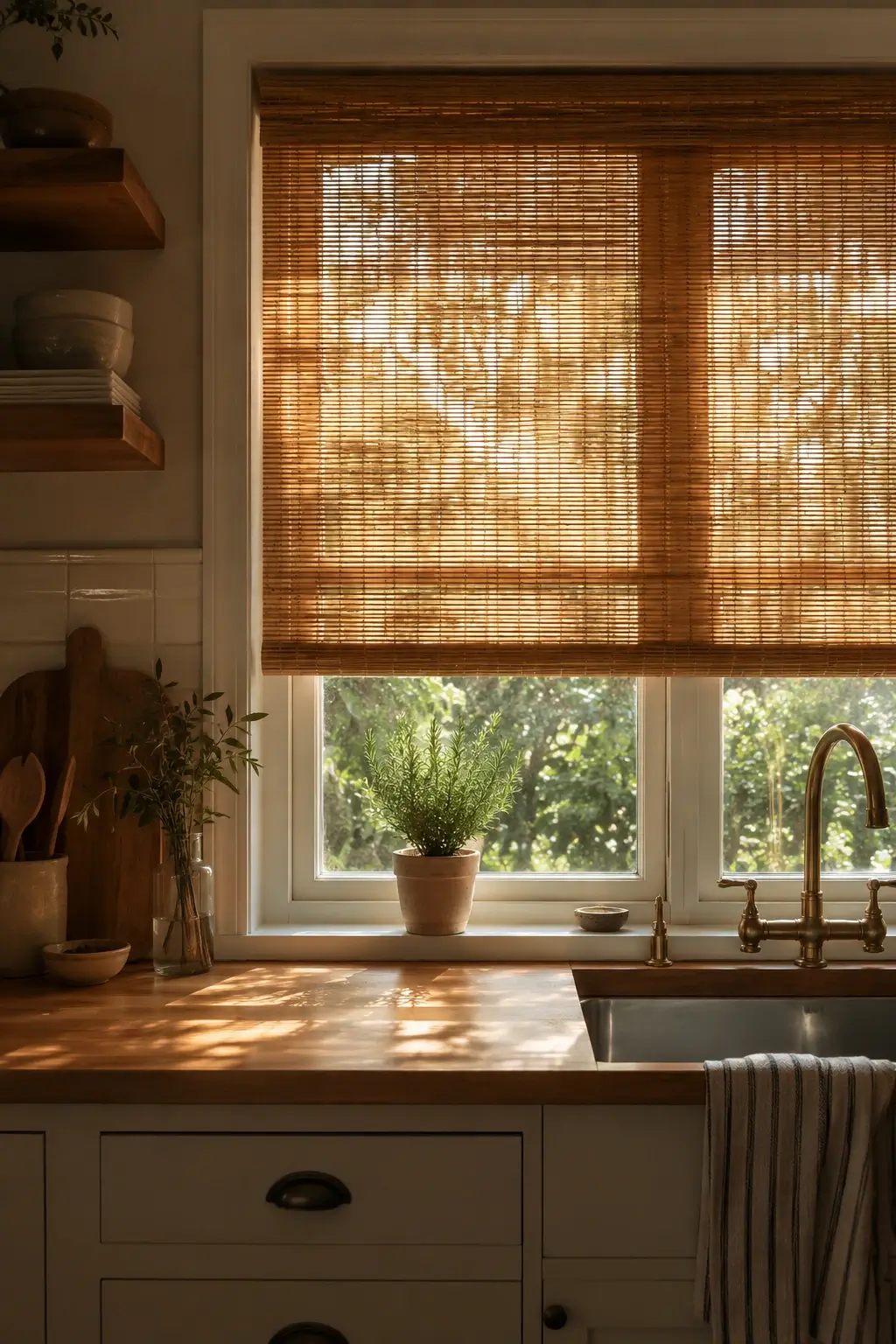 Woven wood kitchen shades filtering warm sunlight over a wooden counter with a potted rosemary plant.