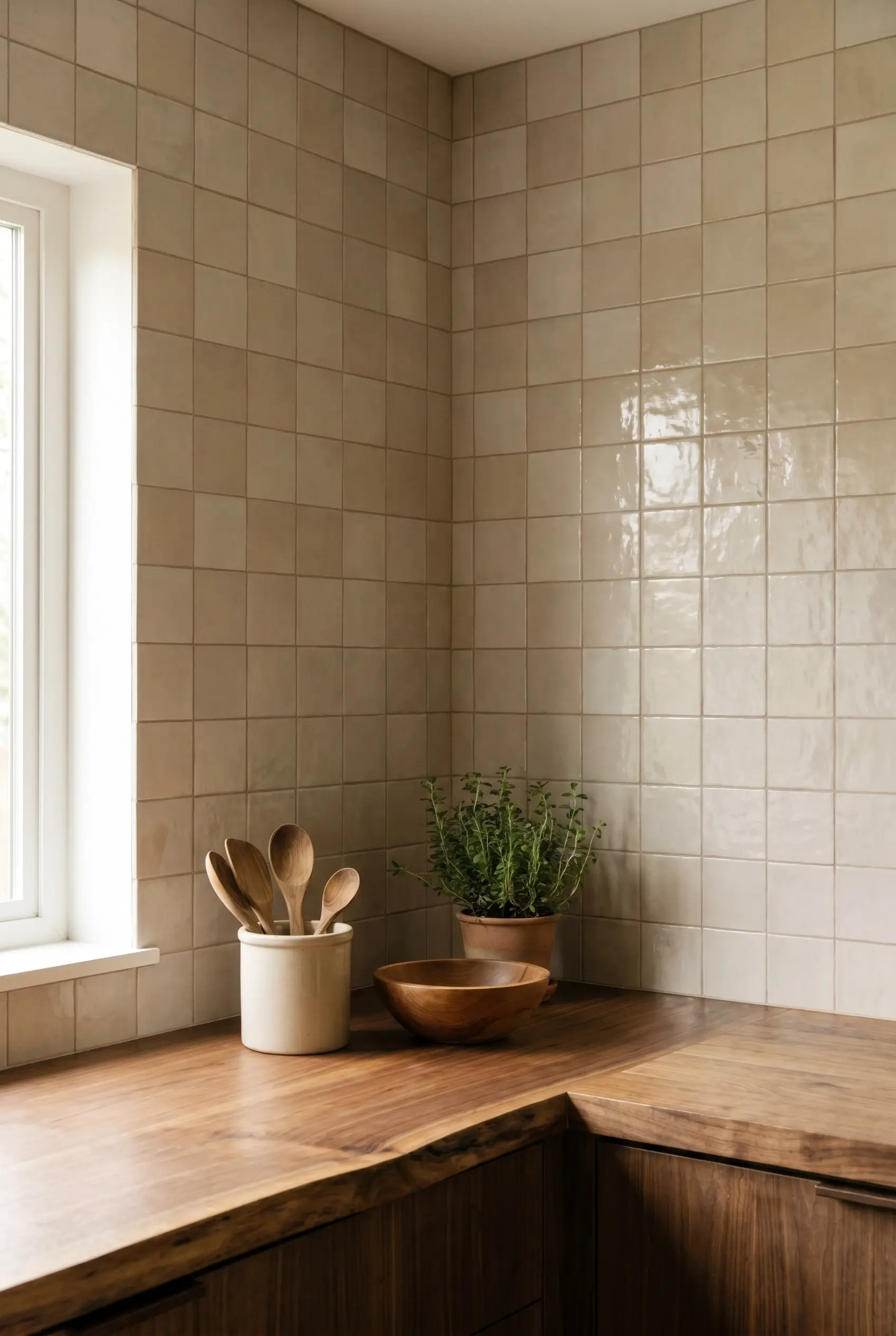 Beige square tile wraps around a kitchen corner above wood counters for a seamless backsplash.