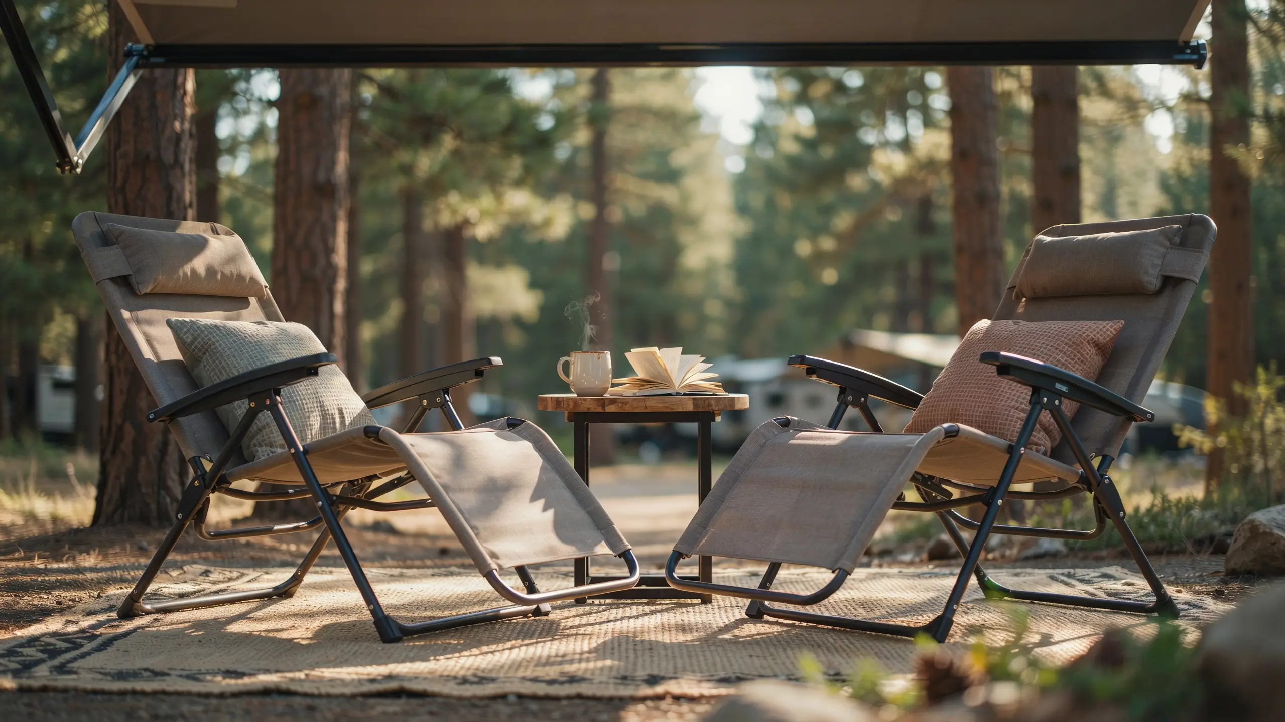 Two comfortable folding sling camp chairs with headrests, a steaming coffee mug, and an open book placed on a small wooden table beneath a camper awning in a tranquil pine forest.