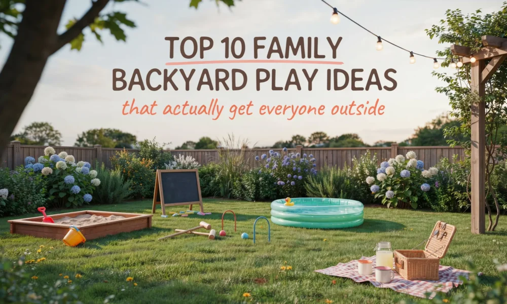 A summer backyard setup featuring a wooden sandbox, chalkboard easel, croquet set, inflatable pool, and picnic basket to illustrate the top 10 family backyard play ideas for outdoor fun.