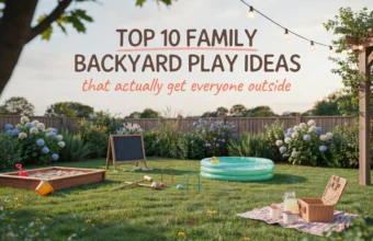 A summer backyard setup featuring a wooden sandbox, chalkboard easel, croquet set, inflatable pool, and picnic basket to illustrate the top 10 family backyard play ideas for outdoor fun.