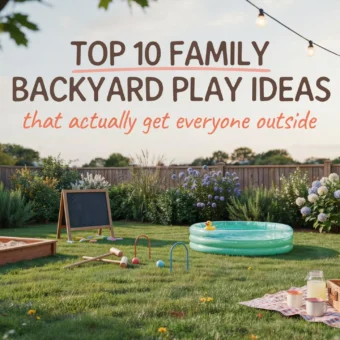 A summer backyard setup featuring a wooden sandbox, chalkboard easel, croquet set, inflatable pool, and picnic basket to illustrate the top 10 family backyard play ideas for outdoor fun.