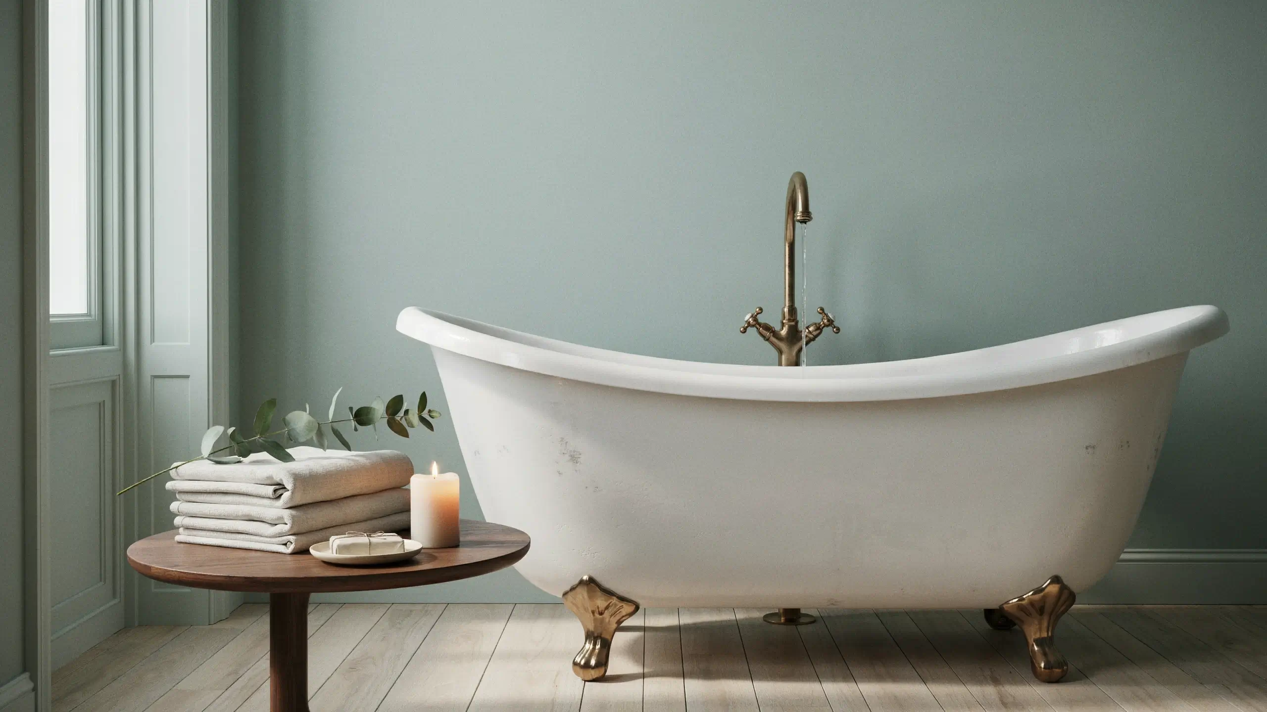 Serene sage green bathroom wall paired with a white vintage clawfoot tub and brass faucet, featuring a minimalist wooden side table with rolled white towels, a soap dish, a lit candle, and a eucalyptus sprig.