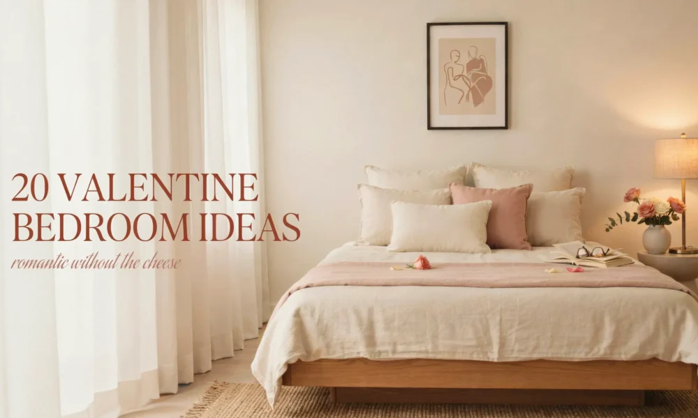 Minimalist and romantic bedroom setup with cream linen bedding, blush pink throw pillows, scattered rose petals, open book, and warm ambient lighting, overlaid with text "20 Valentine Bedroom Ideas romantic without the cheese".