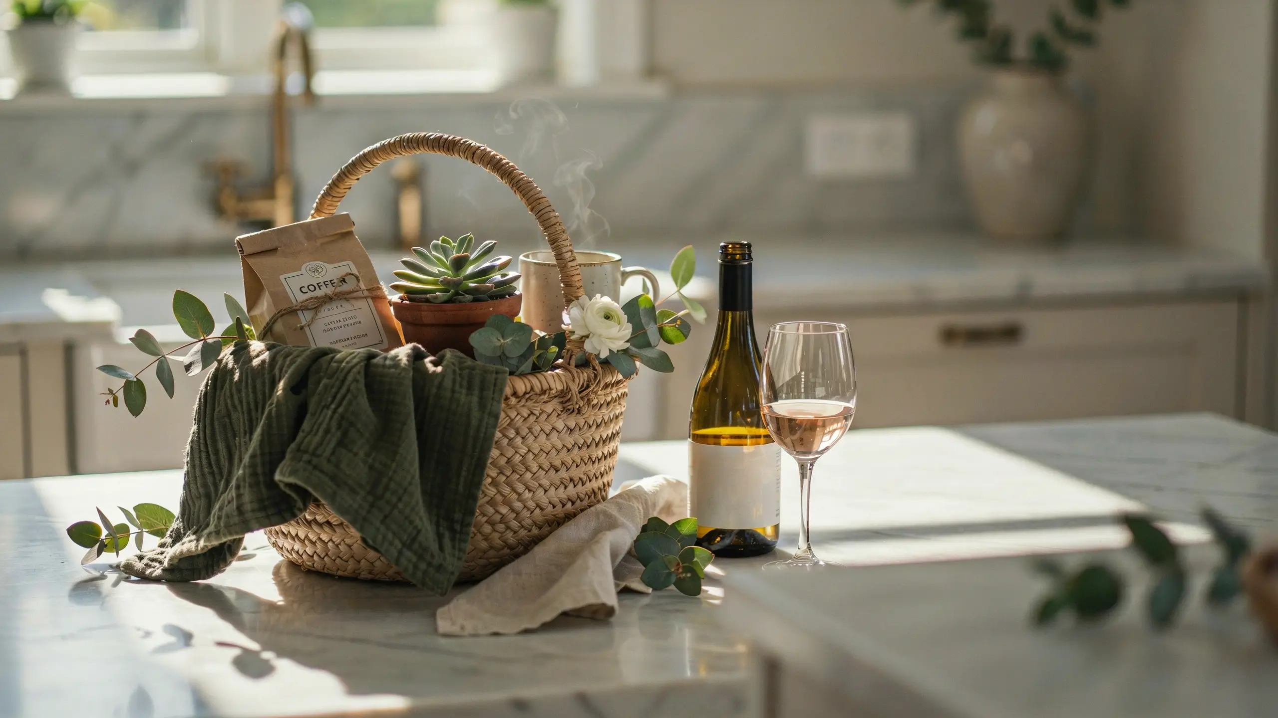 A woven wicker adult Easter basket containing specialty coffee, a succulent plant, and a steaming mug, sitting on a marble countertop next to a bottle of white wine. 