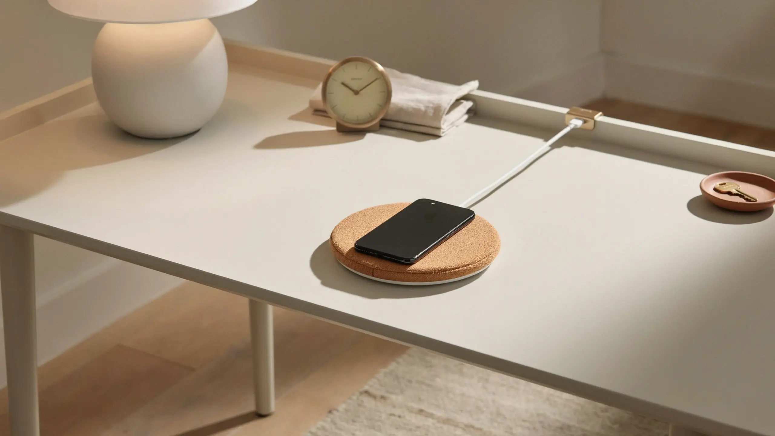 A minimalist white desk setup with a black smartphone resting on a tan textured wireless charger, alongside a modern white globe lamp and a small gold alarm clock.