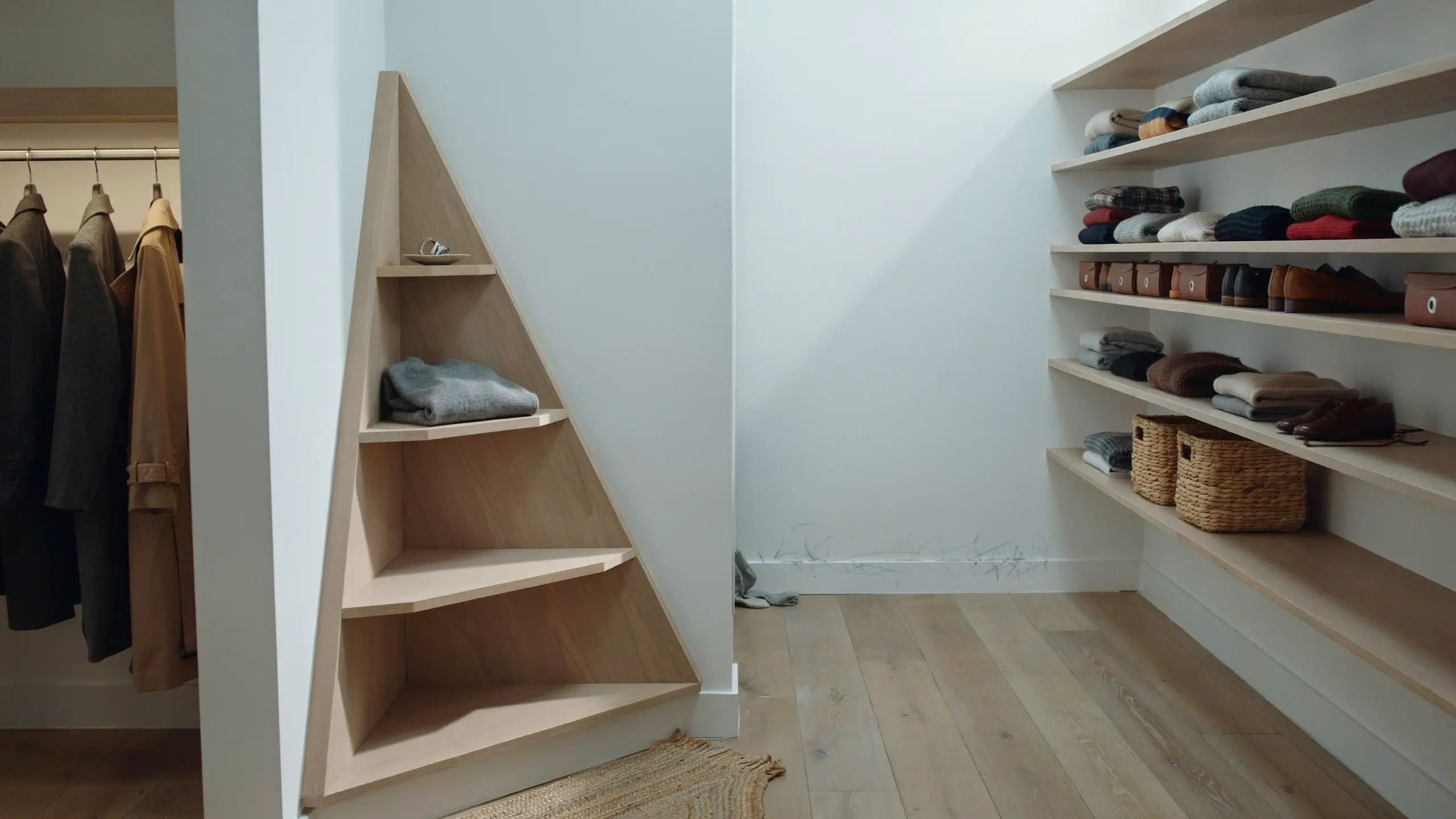 Light wood triangular corner shelving unit with mostly empty shelves in a white built-in closet, illustrating the inefficient and awkward corner storage to avoid.