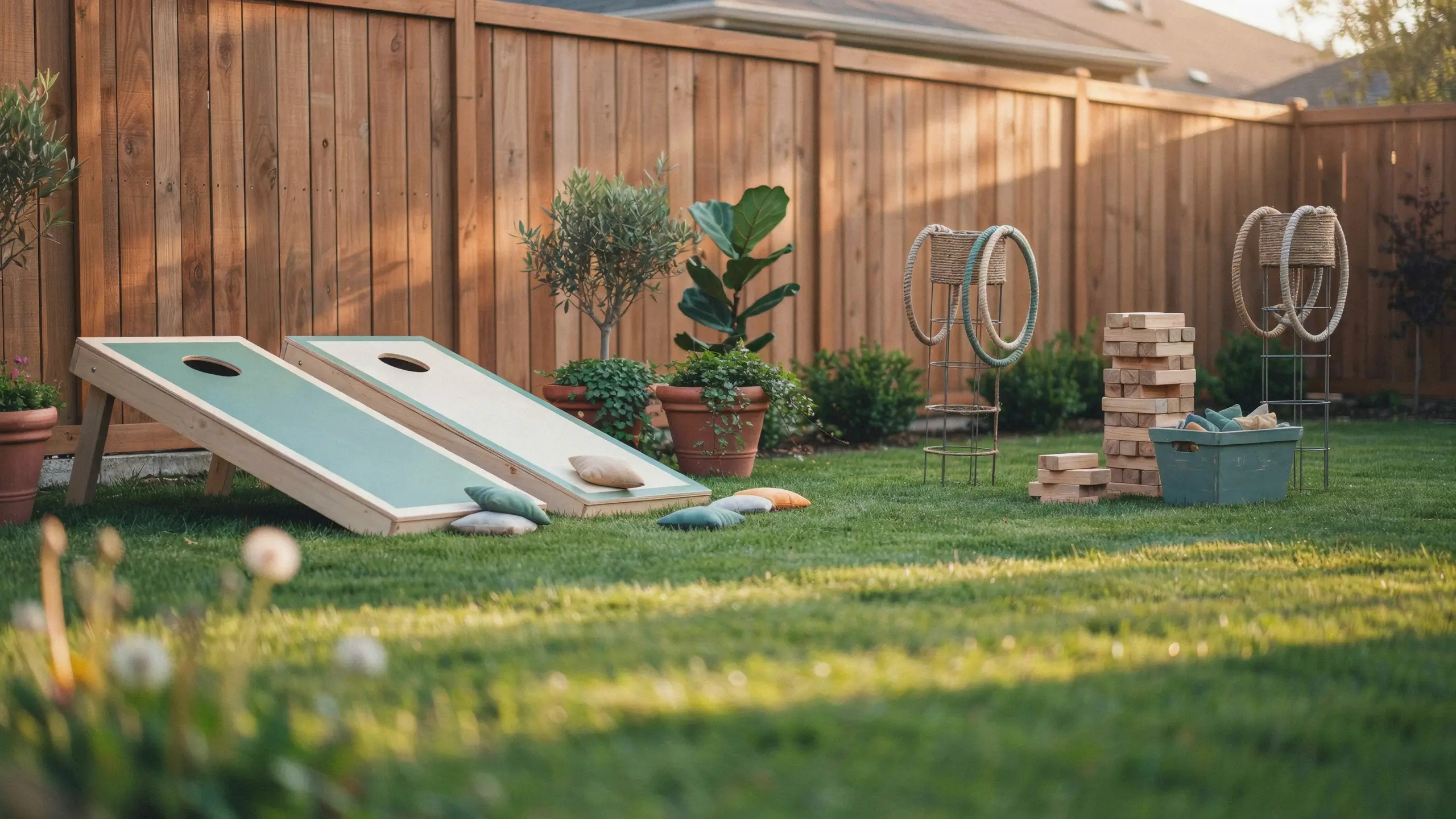 Backyard lawn games station setup with cornhole boards, bean bags, ring toss stands, and giant Jenga blocks for family game nights.