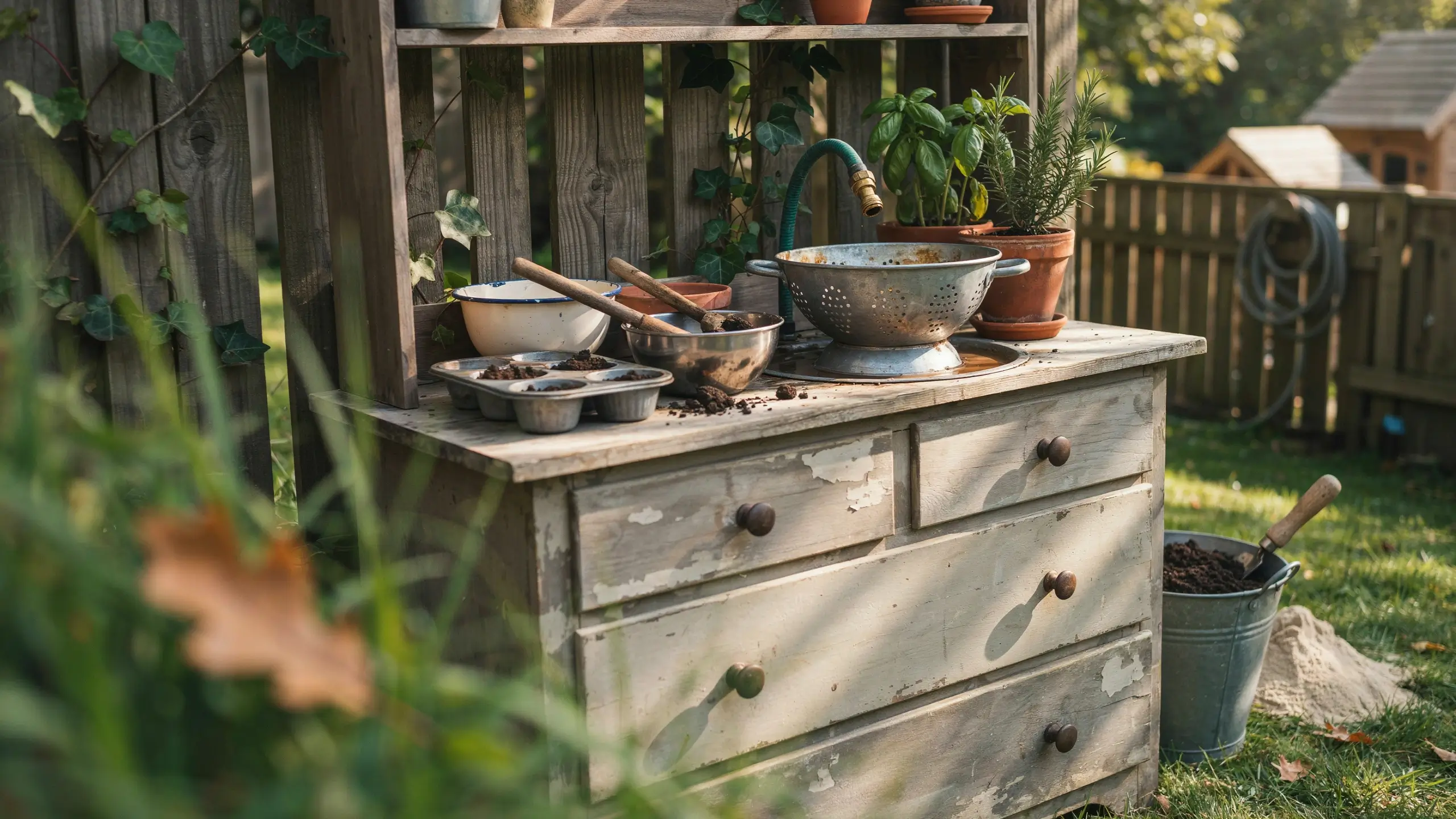 Rustic outdoor mud kitchen setup on a repurposed white cabinet with soil, pots, and herbs for kids' hands-on play.