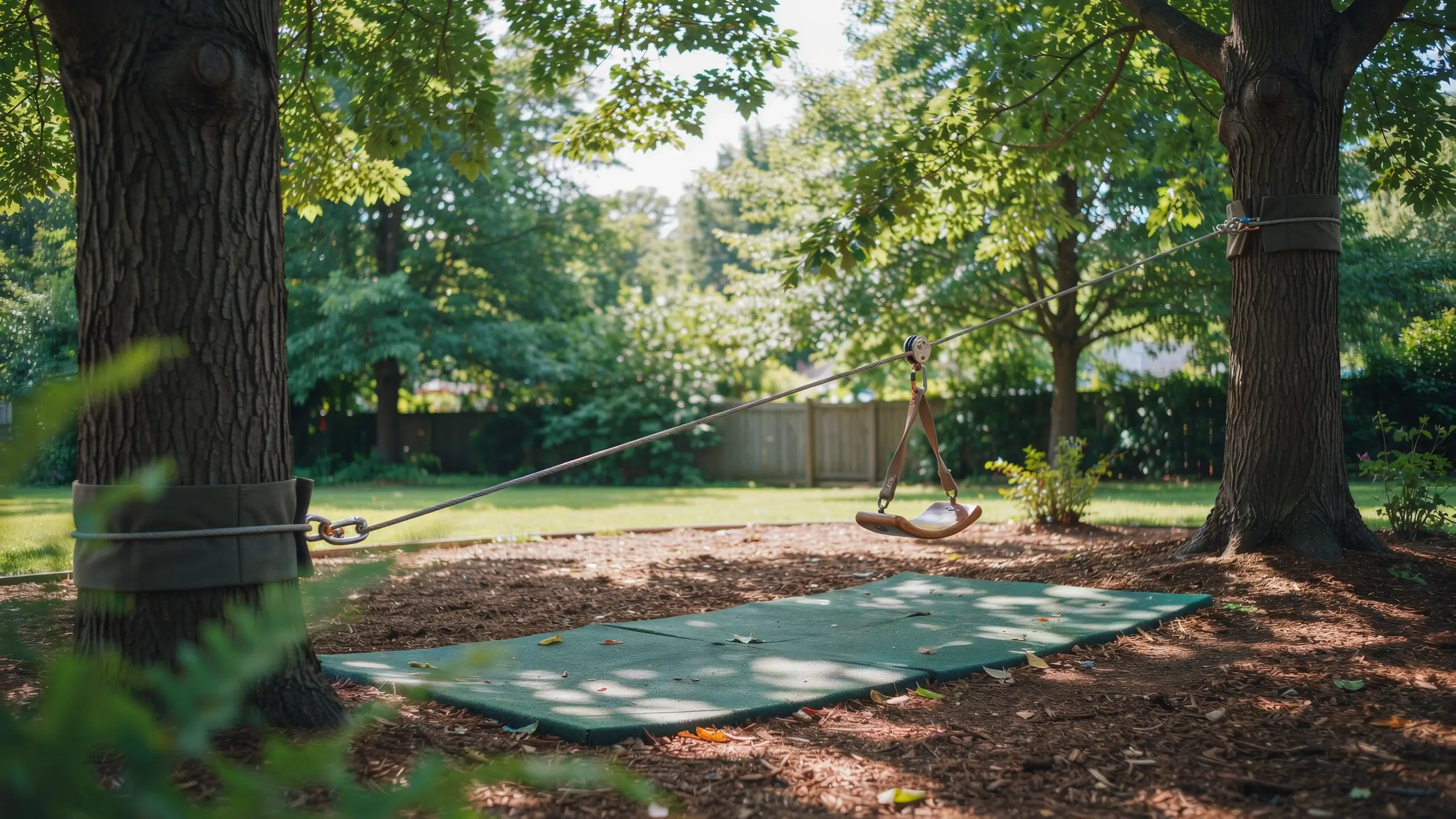 A backyard slackline zip line setup with a wooden swing seat suspended from a pulley cable between two large trees, featuring protective tree trunk wraps and a green safety mat placed on the ground beneath.