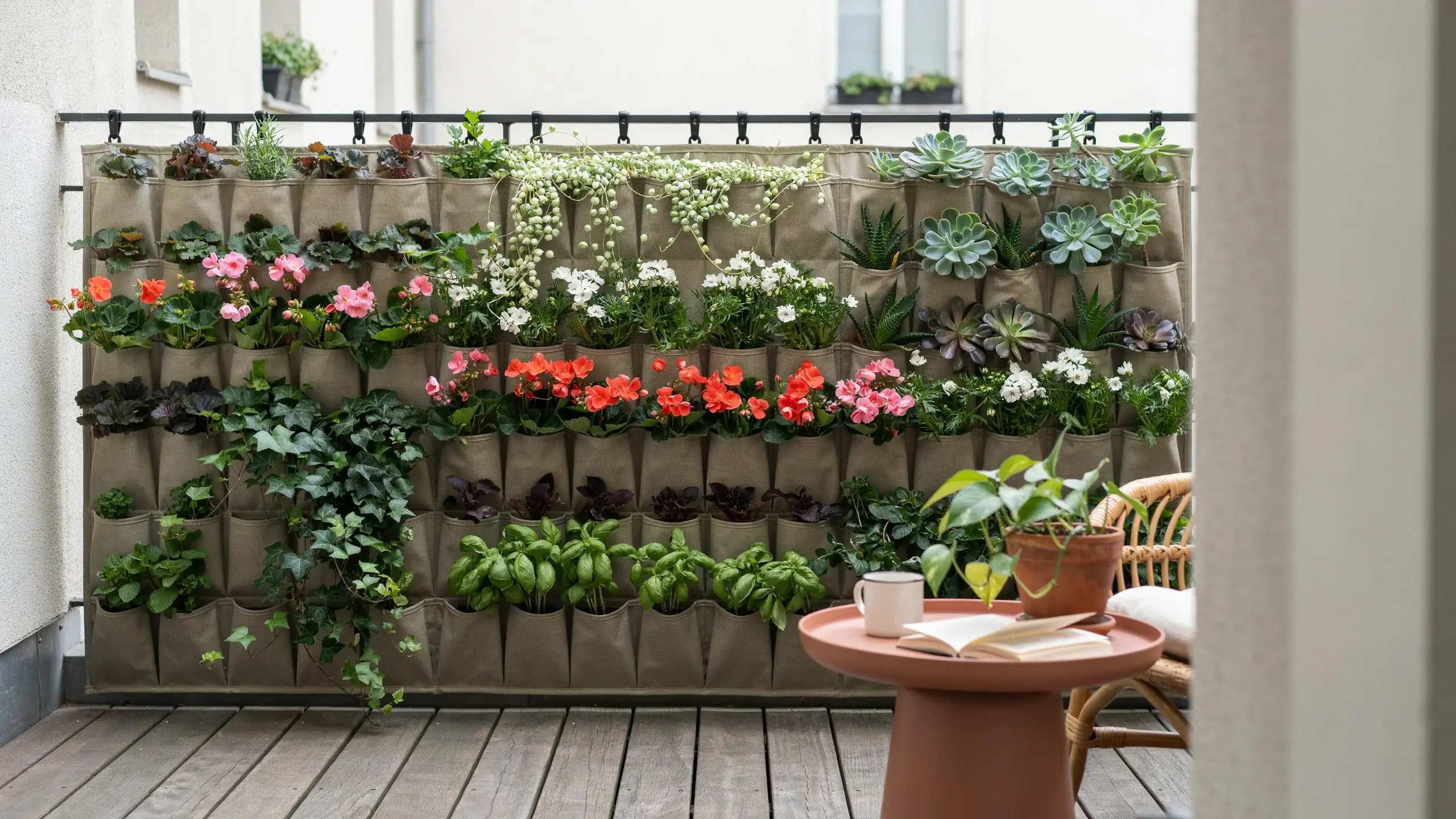A fabric pocket vertical garden wall hanging securely on a black metal balcony railing, planted with a lush variety of trailing ivy, string of pearls, colorful red and pink blooming flowers, succulents, and fresh green basil. A small terracotta side table with a white mug and an open book rests in the foreground next to a rattan chair, creating a cozy outdoor reading corner.