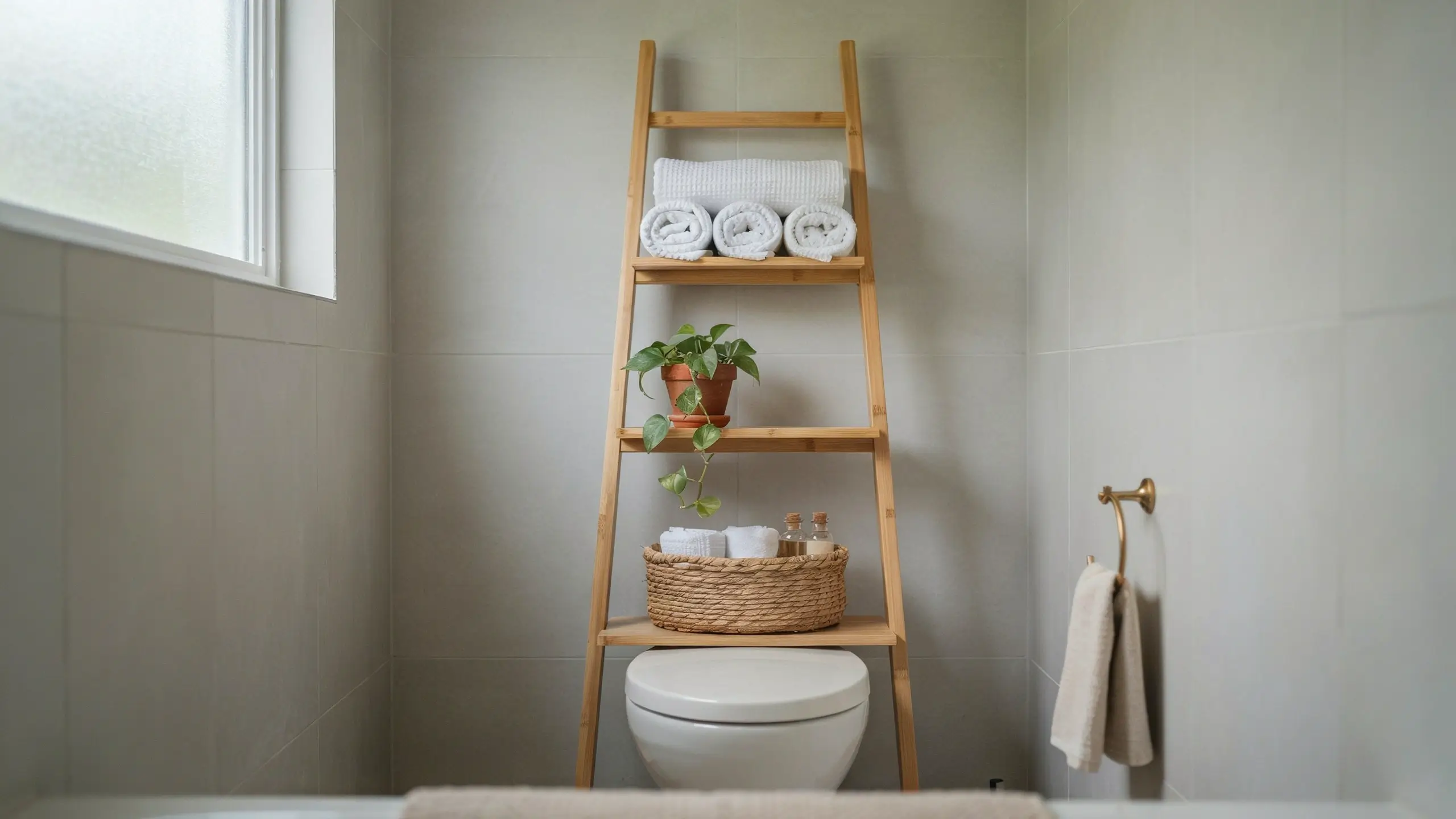 Bamboo over-the-toilet ladder shelf displaying rolled white towels, a potted green plant, and a woven basket of toiletries in a light gray modern bathroom.